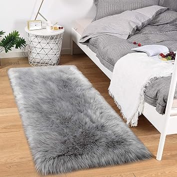 Premium Faux Fur Sheepskin Area Rug, Indoor Soft Fluffy Rug for Bedroom and Living Room, Furry Carpet for Teens Room Floor Sofa, Fuzzy Rug for Dorm Rectangle 2.2 x 4.4 Feet, Grey
