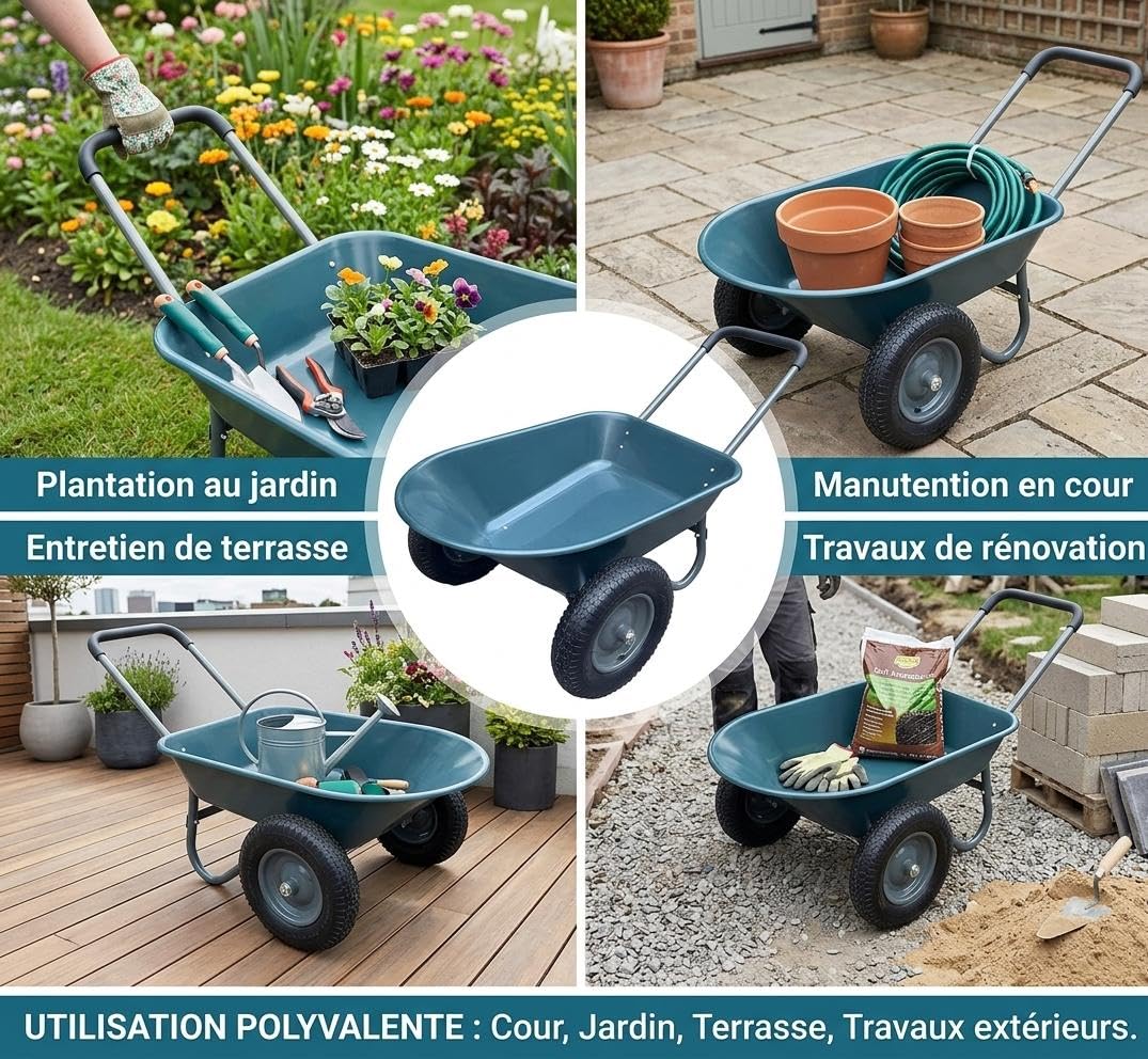 Gartenschubkarre mit 2 Rädern, Transportwagen aus Eisen und Kunststoff,bis120kg,124 x 66 x 62,5 cm, Mehrfarbig, für Garten, Hof und Außenbereich