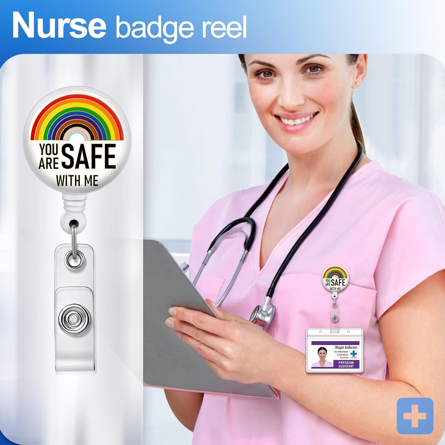 Plifal Badge Reels Holder Retractable with ID Clip for Nurse Name Tag Card Funny Pride LGBTQ Half Rainbow Nursing Doctor Medical Work Office Alligator Clip ZJK-092304 - Image 2