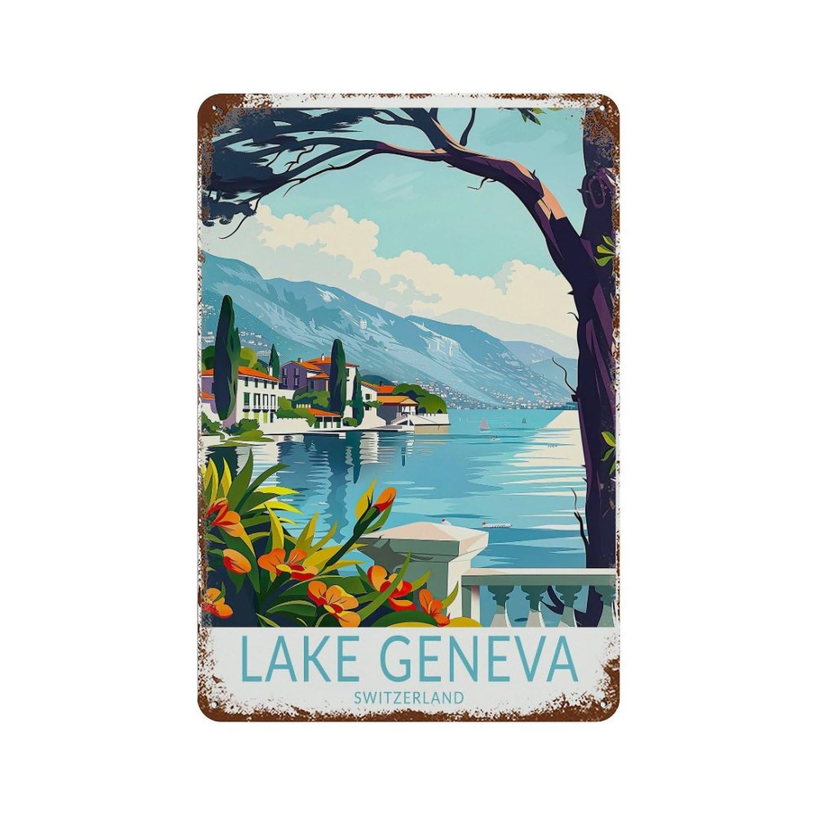 xiaoxiaoshen Lake Geneva Travel Switzerland Coast Wedding Gifts Wall Decor Art Metal Tin Poster Modern Home Decor Art Home Bar Shop Decorations Vintage Sign 30x20cm