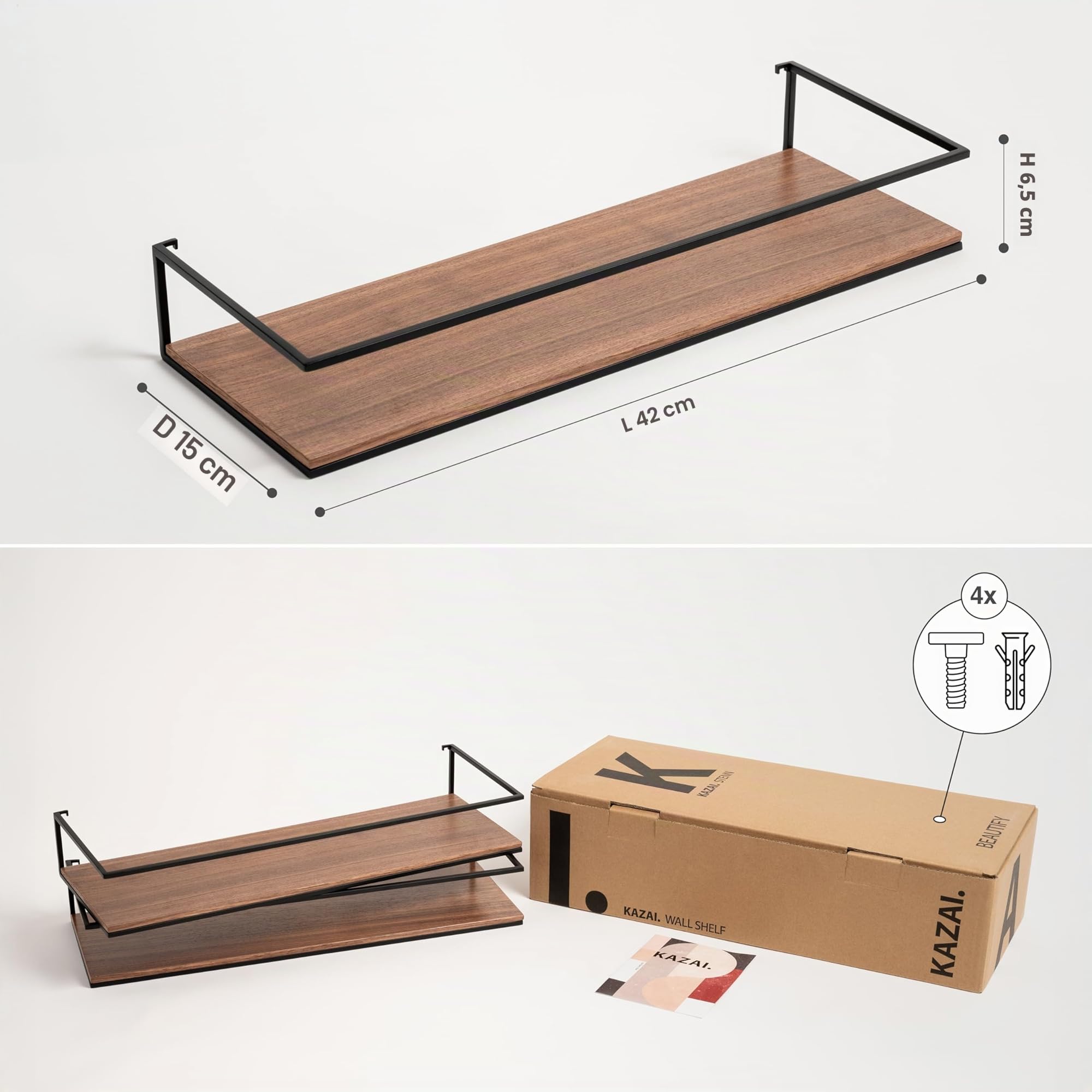 Kazai. Set di Mensole da Muro -STENN- | Mensola da Parete in Metallo e Impiallacciatura in Vero Legno | Scaffale per Bagno, Soggiorno, Cucina e Camera da Letto | Noce