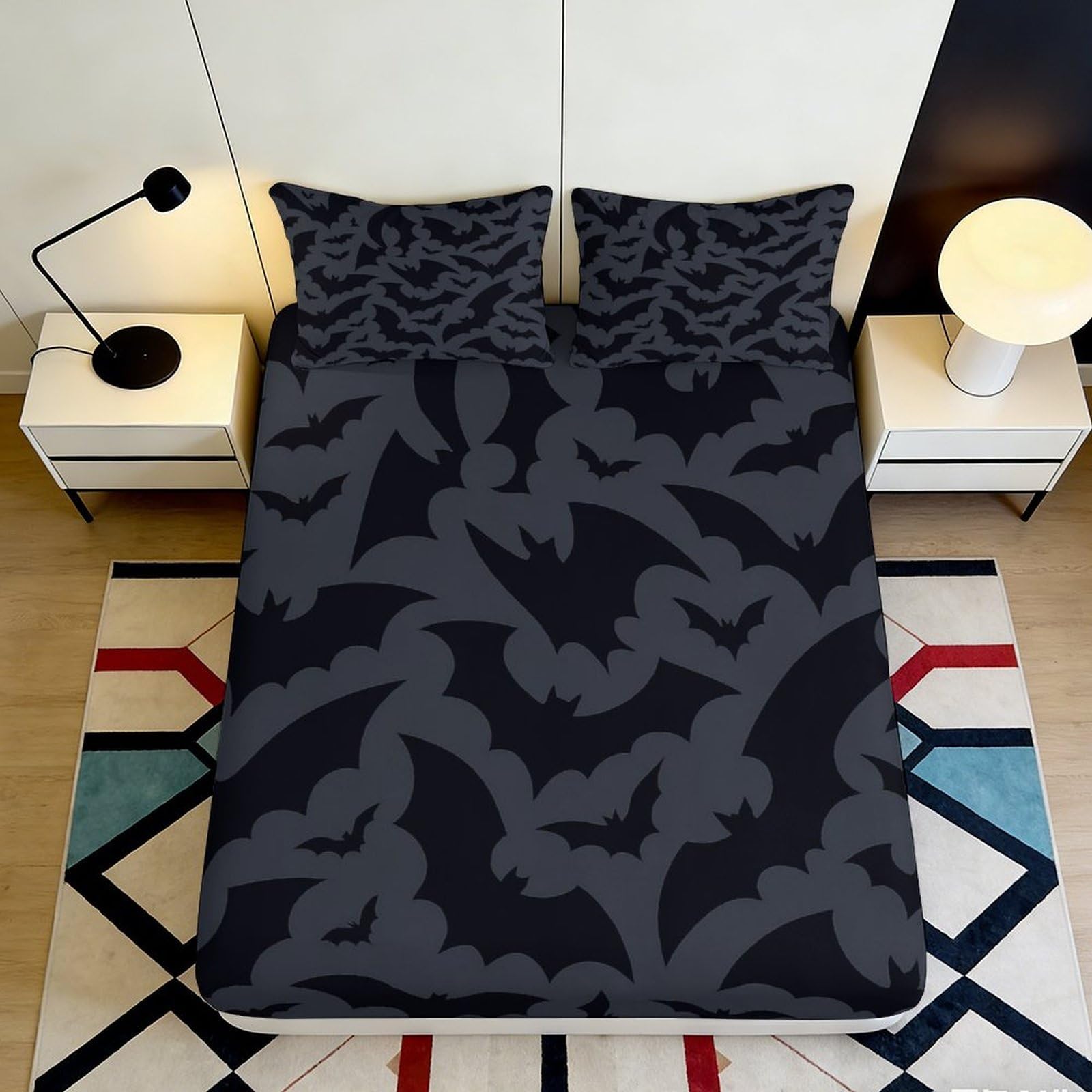 3D Printed Bat Shadow Fitted Sheet Microfiber Soft Black Bedroom Decor Gothic Mattress Cover Dustproof Washable 90x200x25cm
