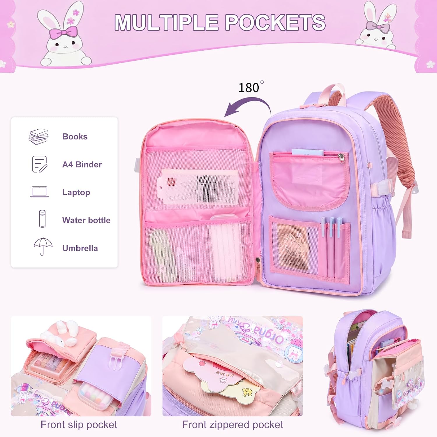 WYCY Kids Backpack for Girls - Cute School Bag, Large Capacity Kawaii Bunny School Backpack, Purple