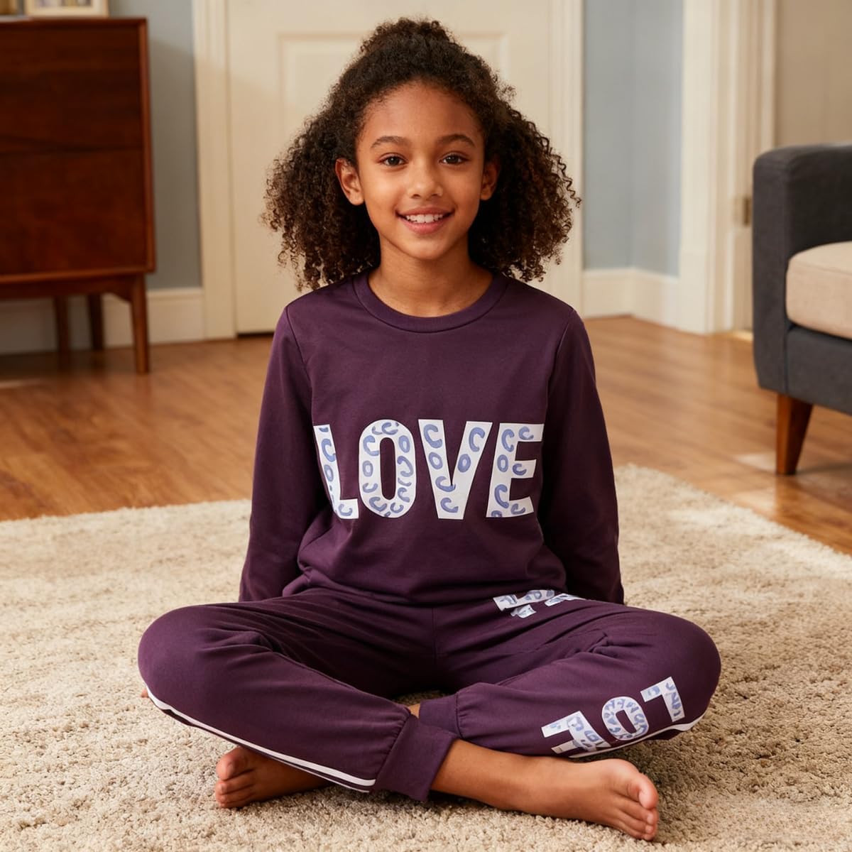 Tween Girl's Letter Print Top + Jogger Pants 2 Piece Outfit Set Kids Clothing, Sizes 6-14 Years - Image 3