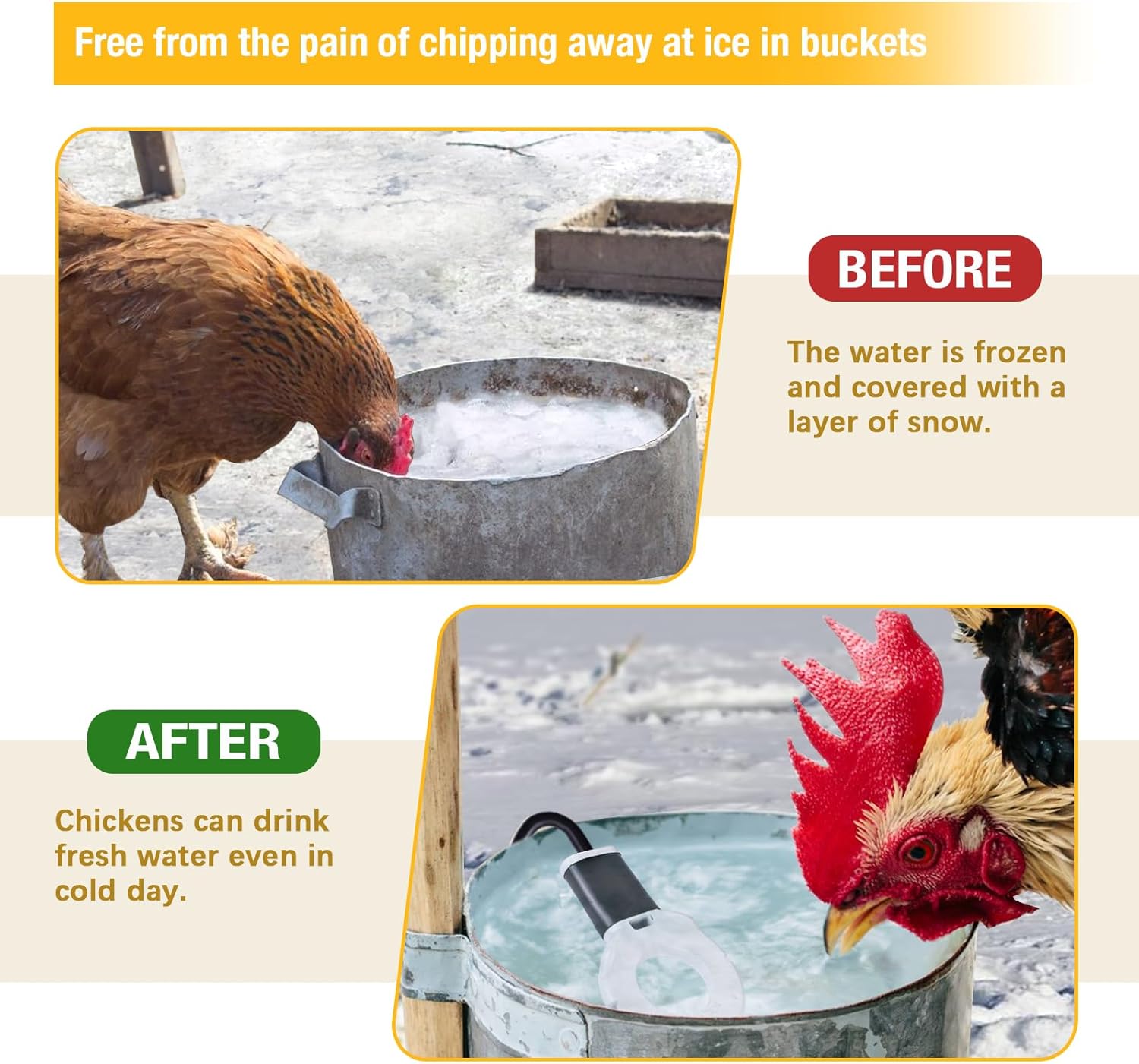 250W Chicken Water Heater, Submersible Bucket Heater Deicer for 5 Gallon, Heated Chicken Waterer for Winter, Freeze-Proof Poultry Waterer, Stock Tank & Water Trough Warmer for Livestock