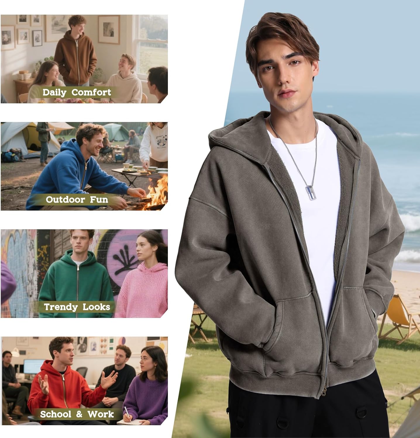 Dnzzs Mens Zip Up Hoodie Oversized Acid Wash Hoodie Heavyweight Fleece Full Zipper Vintage Sweatshirt Fall Fashion Zip Jacket - Image 2