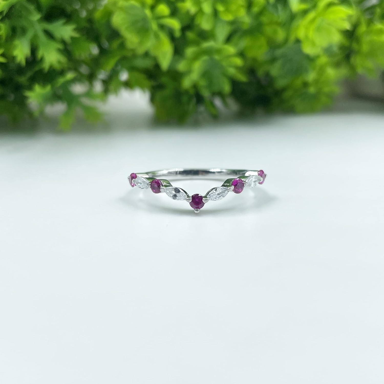 Marquise & Round Cut Ruby Chevron V Shape Wedding Band For Women, 14K Gold Plated 925 Silver July Birthstone Ruby V Style Anniversary Matching Band