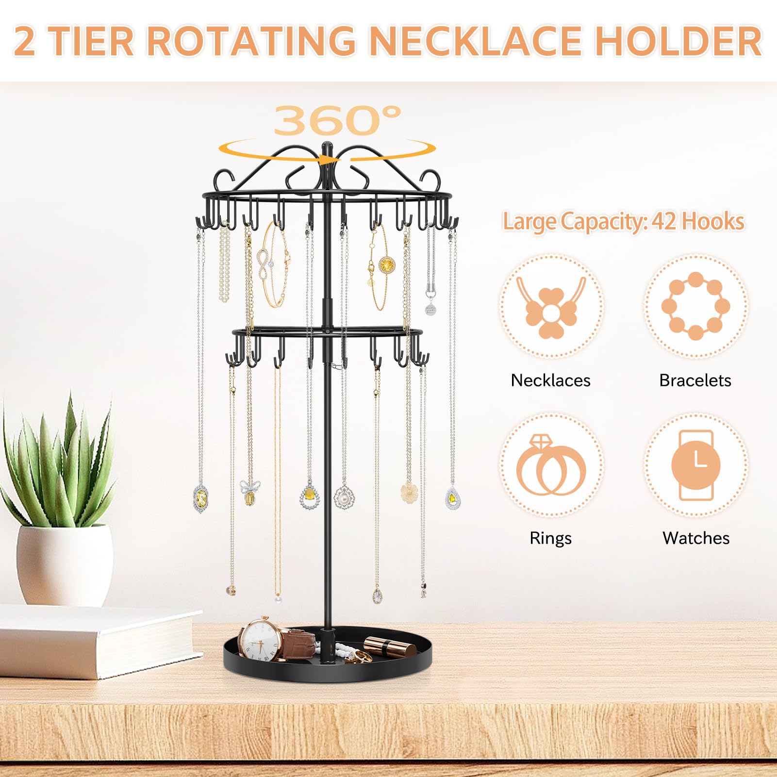 iDavosic.ly Kettenständer Schmuck Drehbar, 24-Haken Ketten Halsketten Aufbewahrung, Metall Kettenhalter für Armbänder Ring Armband Sonnenbrillen, Schwarz