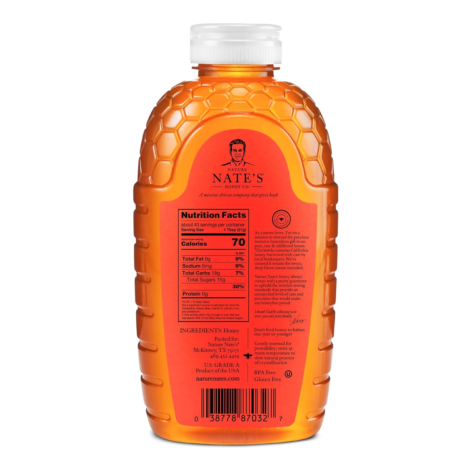 Nate's California 100% Pure, Raw & Unfiltered Honey - 32 oz. Squeeze Bottle - All-natural Sweetener (Pack of 2)