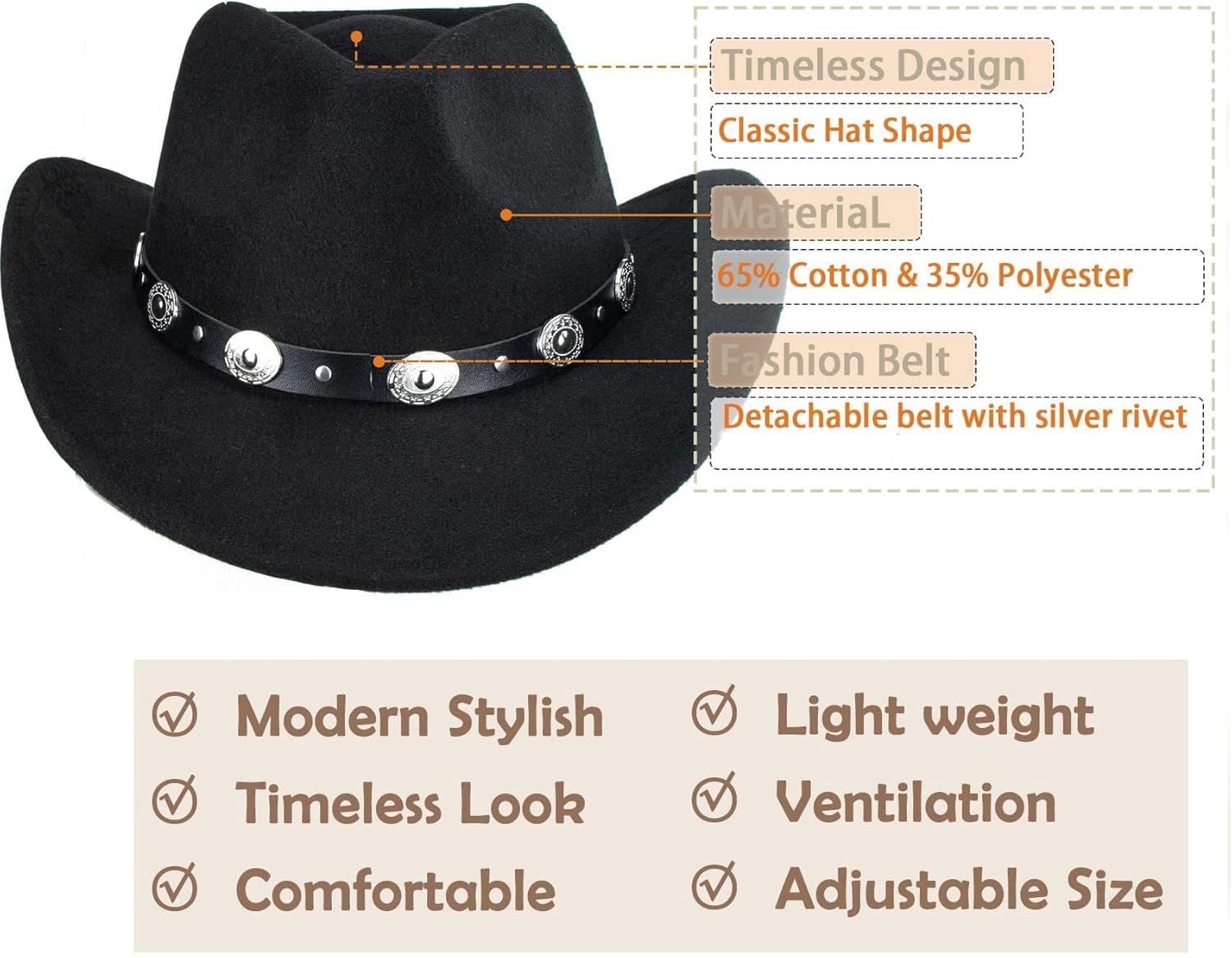 Western Cowboy Hat for Men Women Classic Fedora Hat with Buckle Belt (Size:M-L)