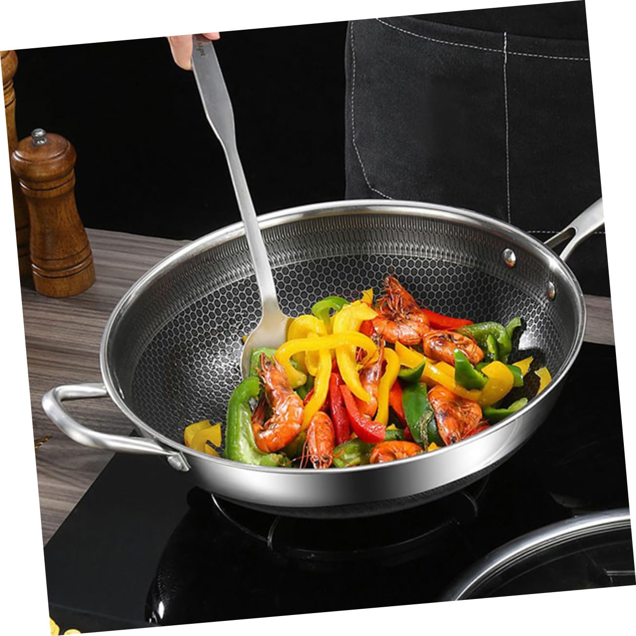 Ciieeo Padella wok a nido d'ape in acciaio inox a doppia maniglia con fondo piatto per a gas e induzione accessorio da cucina pentola antiaderente