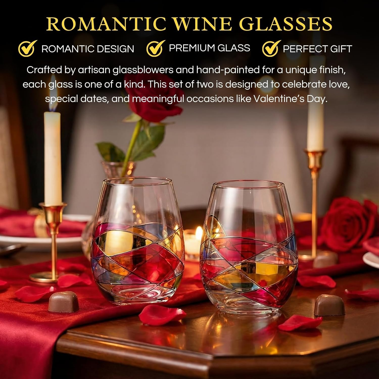 Artisanal Hand Painted Stemless Wine Glasses - Valentines Day Gift, Holiday Gifts for Her, Wife, Mom, Valentine, Renaissance Romantic Stain-glassed Windows, 2 Set - Gifts Idea Birthday, Housewarming - Image 3
