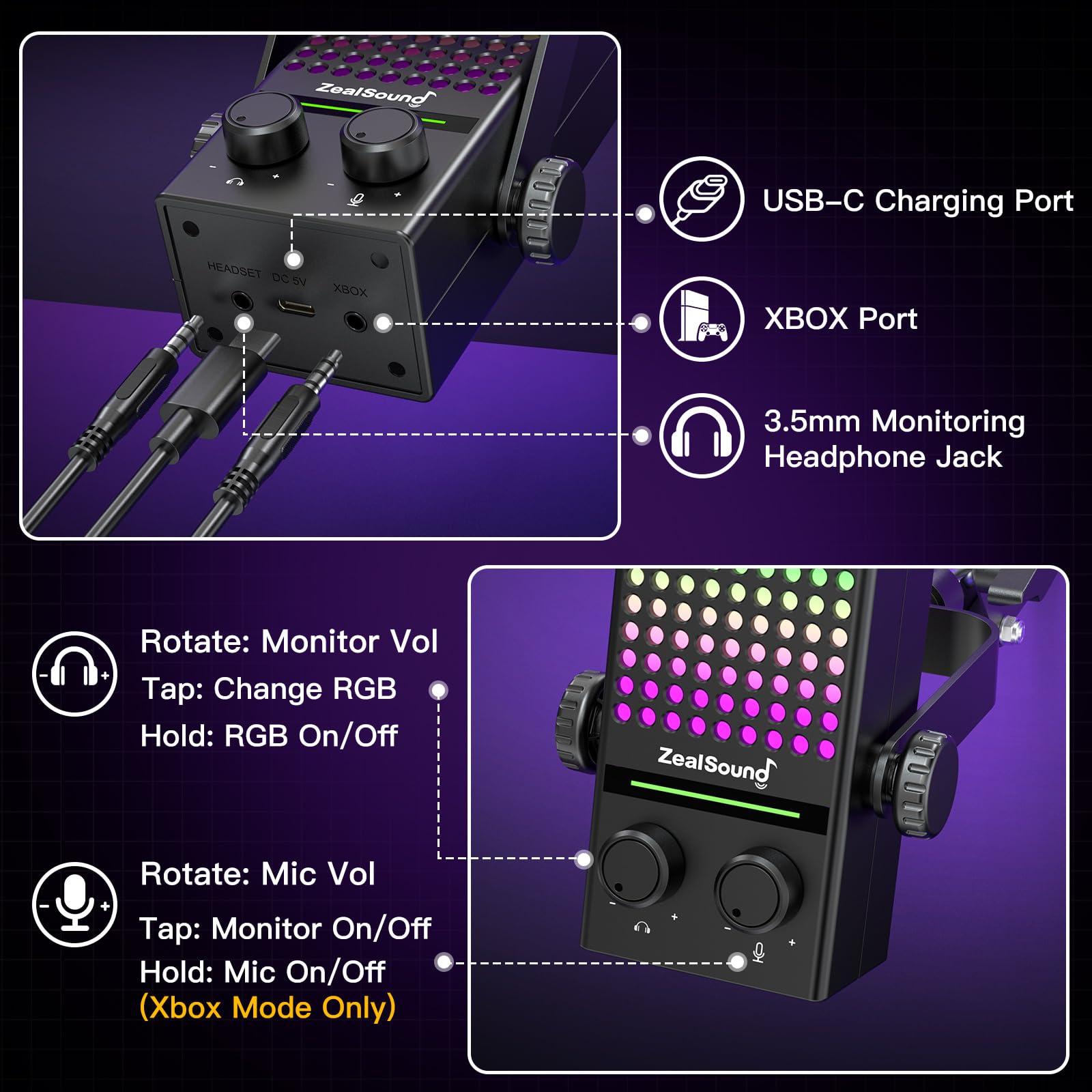 ZealSound Microfono da gioco per Xbox con braccio a braccio, microfono USB per PC, Mac, iPhone e Android, riduzione del rumore, silenziamento con un solo tocco, controllo del guadagno, monitoraggio a