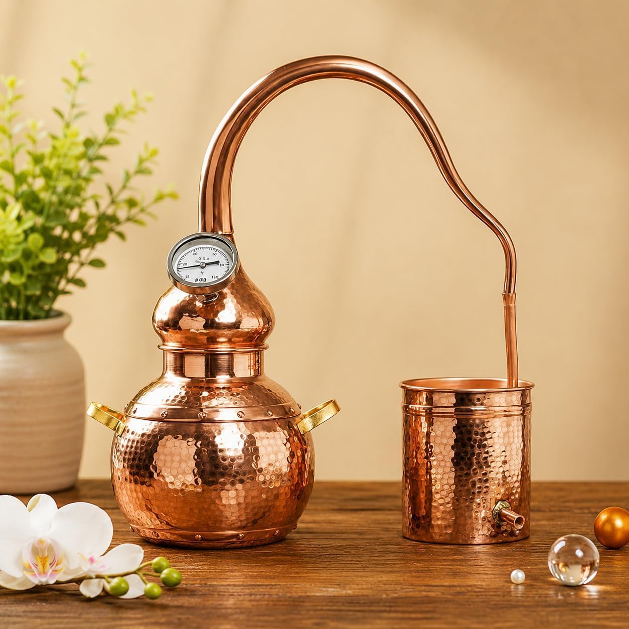 Kit de alambique de cobre puro, destilador doméstico de 3 litros con termómetro, tubo de refrigeración y llama abierta o base compatible con inducción para aceites esenciales e hidrosol