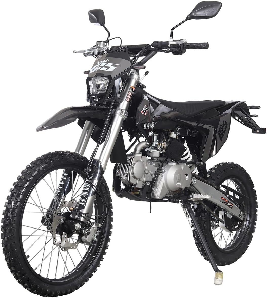 X-PRO Hawk 125cc Dirt Bike Zongshen Brand Engine with All Lights and 4-Speed Manual Transmission! Electric/Kick Start, Big 19"/16" Tires! (Black, Factory Package)