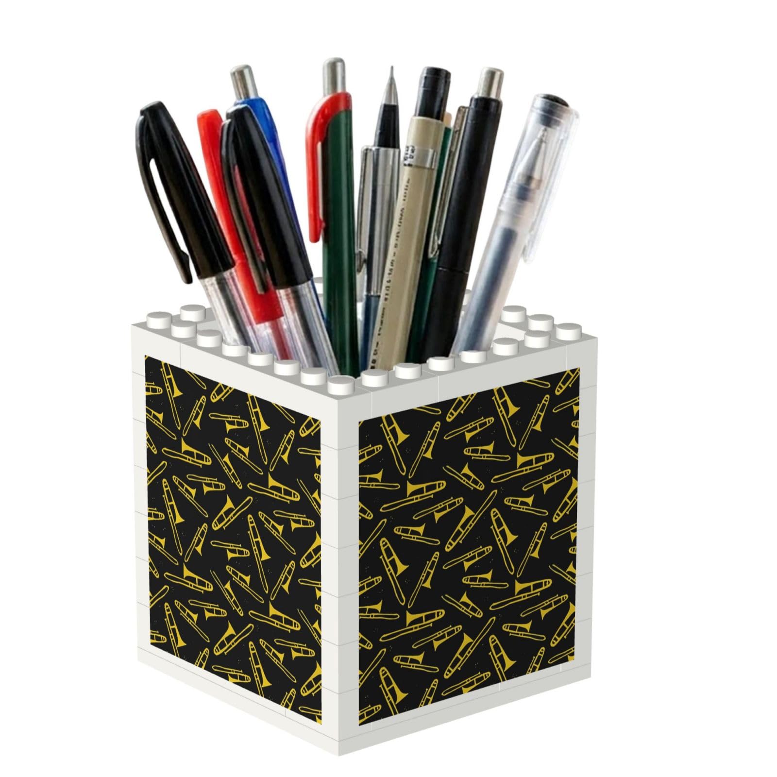 Poadnly Black And Yellow Trombone, Pen Pot Pencil Holder for Office Home School, Compact Desk Organiser for Office Stationery