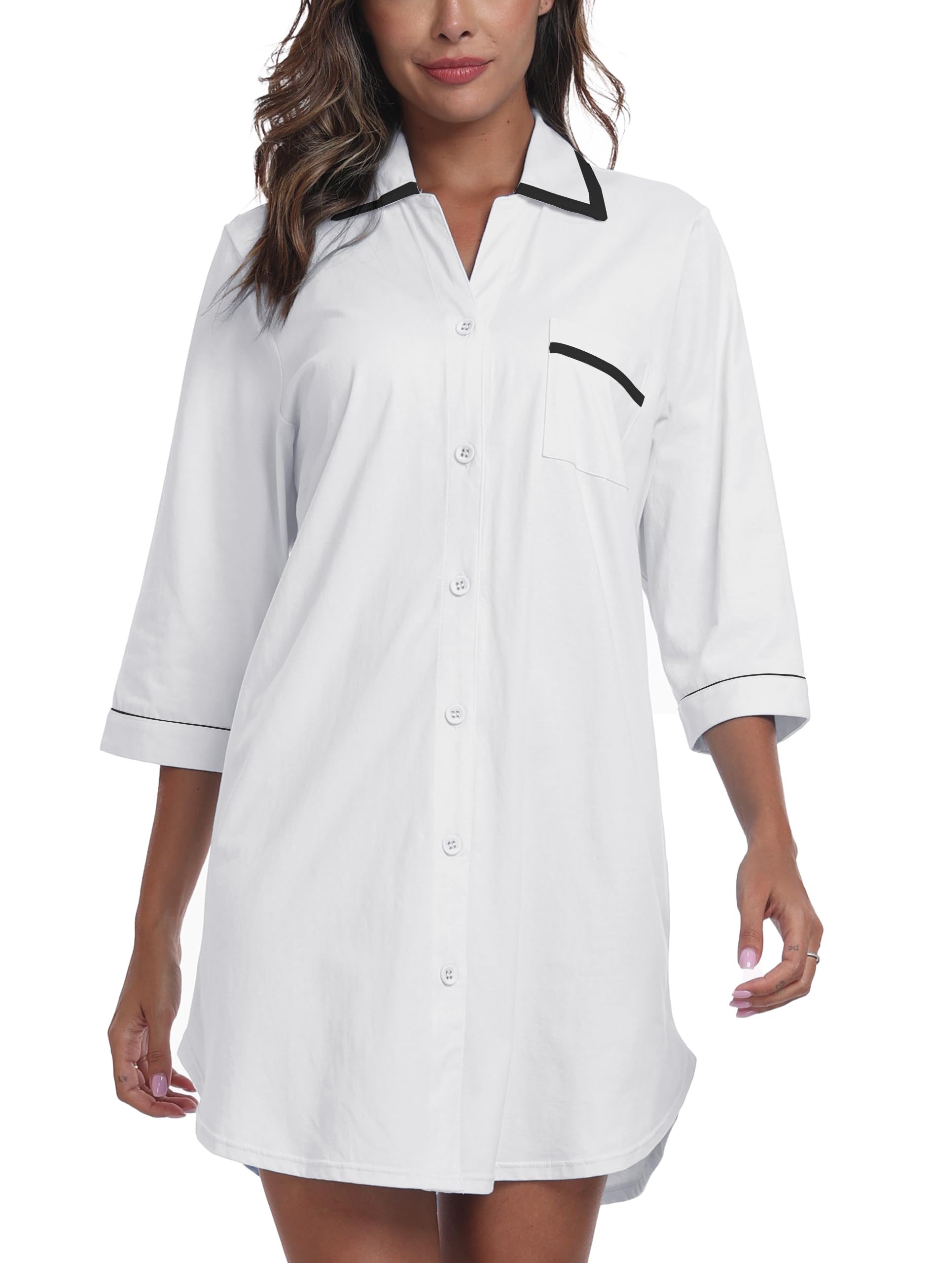 EA'S SECRET 100% Cotton Nightgowns for Women 3/4 Sleeve Button Down Nightshirts Soft V-Neck Knee Length Sleepwear With Pocket