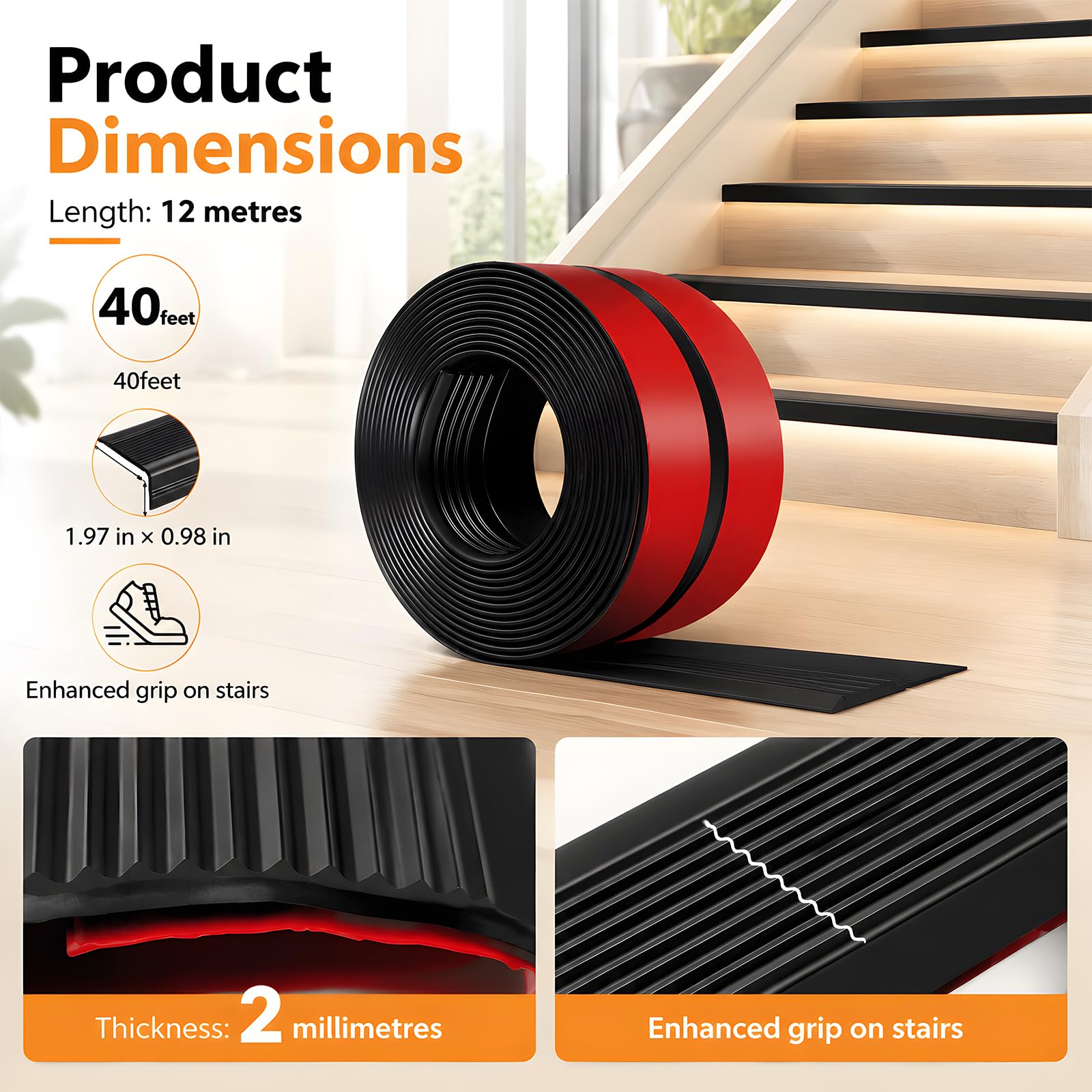 Nez de Marche Antidérapant Adhésif 12m,Caoutchouc Épaissi 2mm Profilé en L pour Escaliers,Imperméable Résistant aux Intempéries Installation Facile,Intérieur Extérieur pour Enfants Personnes ÂgéesNoir
