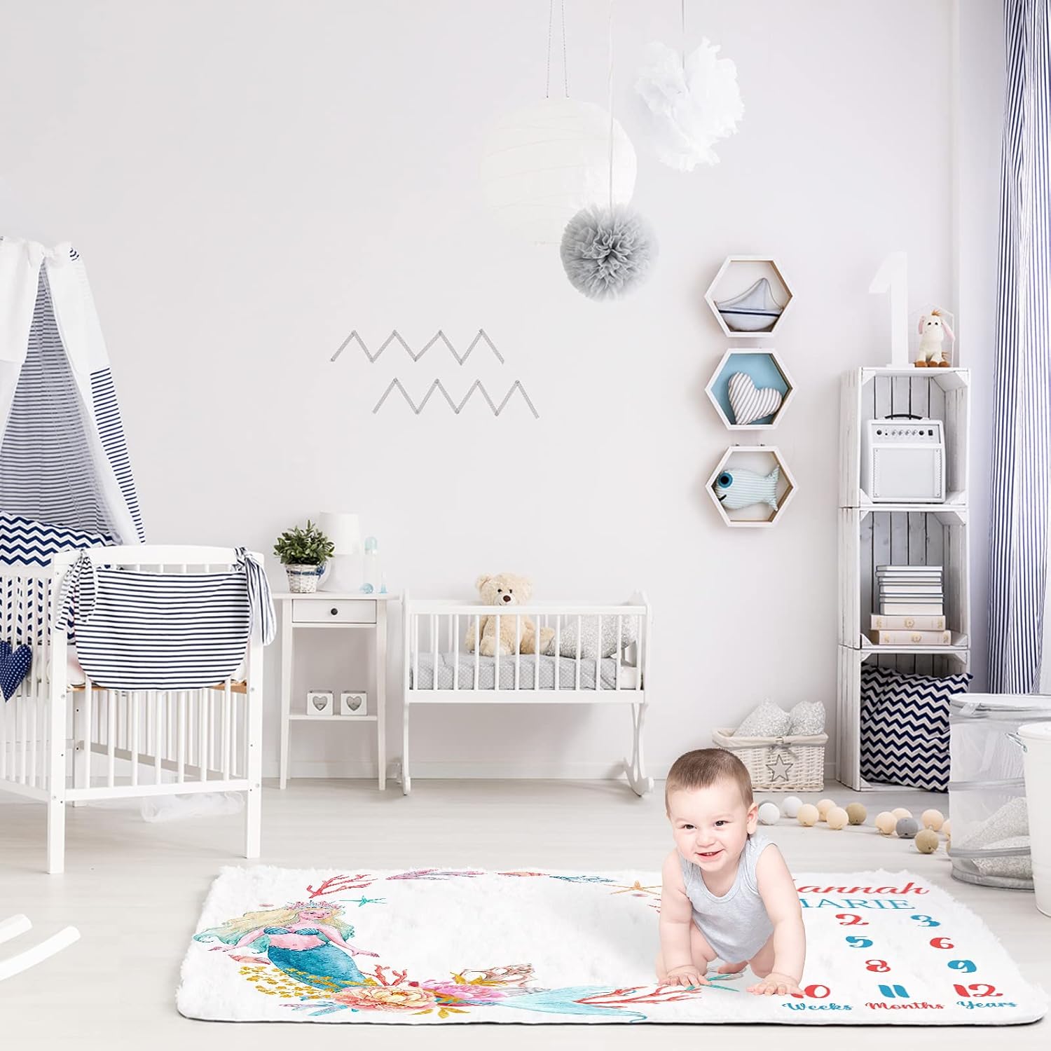 Artsadd Custom Baby Monthly Milestone Blanket with Name - Personalized Mermaid Baby Age Blanket with First Year Calendar Growth Chart - 40" x 50" for Girls & Boys