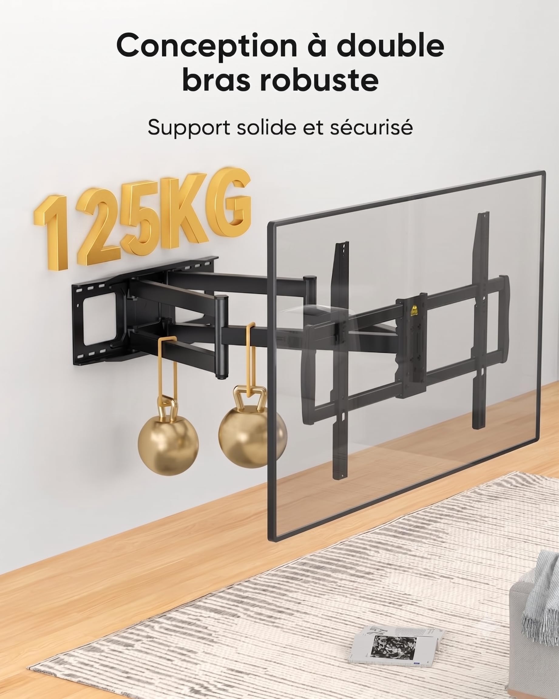 FORGING MOUNT Support Mural TV Mouvement Complet pour Téléviseurs de 60-100 Pouces Jusqu'à 125KG, Fixation TV Murale avec 2 Bras Articulés de 1090mm, Inclinable et Orientable Max. VESA 900x600mm