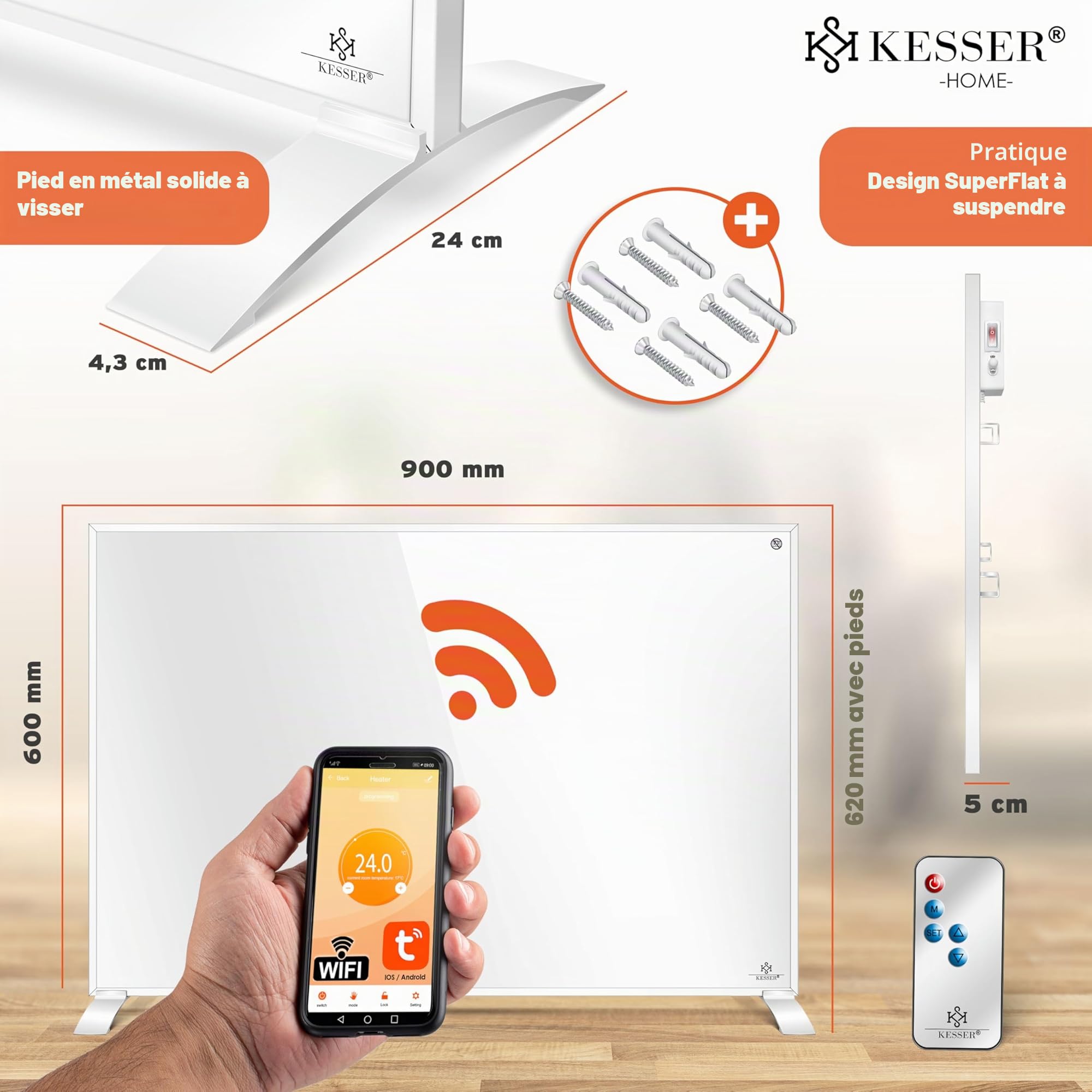 KESSER® Chauffage infrarouge à économie d'énergie - Appareil sur pied et montage mural - Chauffage électrique - 550W - Avec télécommande - Thermostat et commande d'application - Panneau chauffant