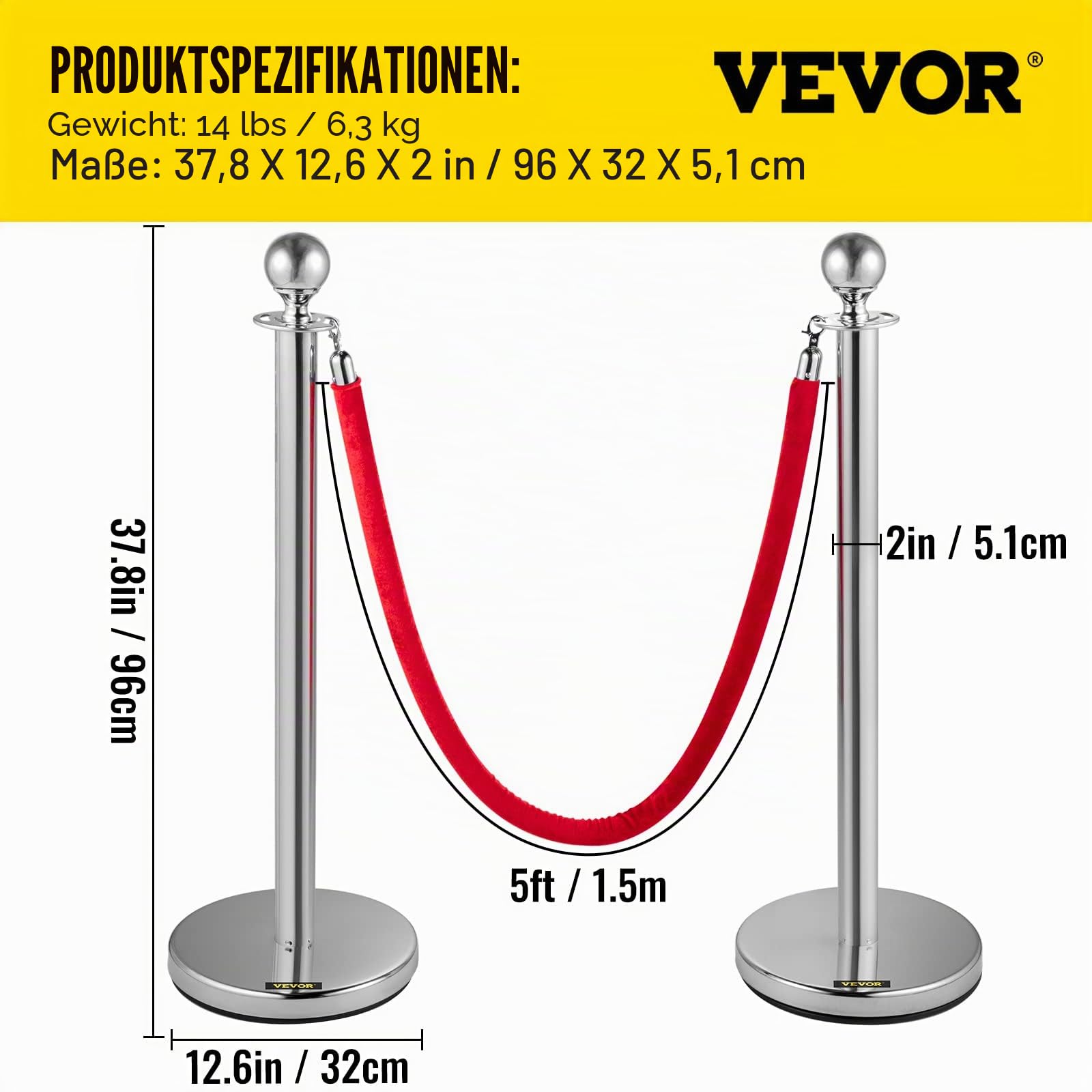 VEVOR Edelstahl Absperrpfosten Seil Abgrenzungsständer Kugelkopf 2 Rote Samtseile Silberne Säule 4 Packung Crowd Control Barriers