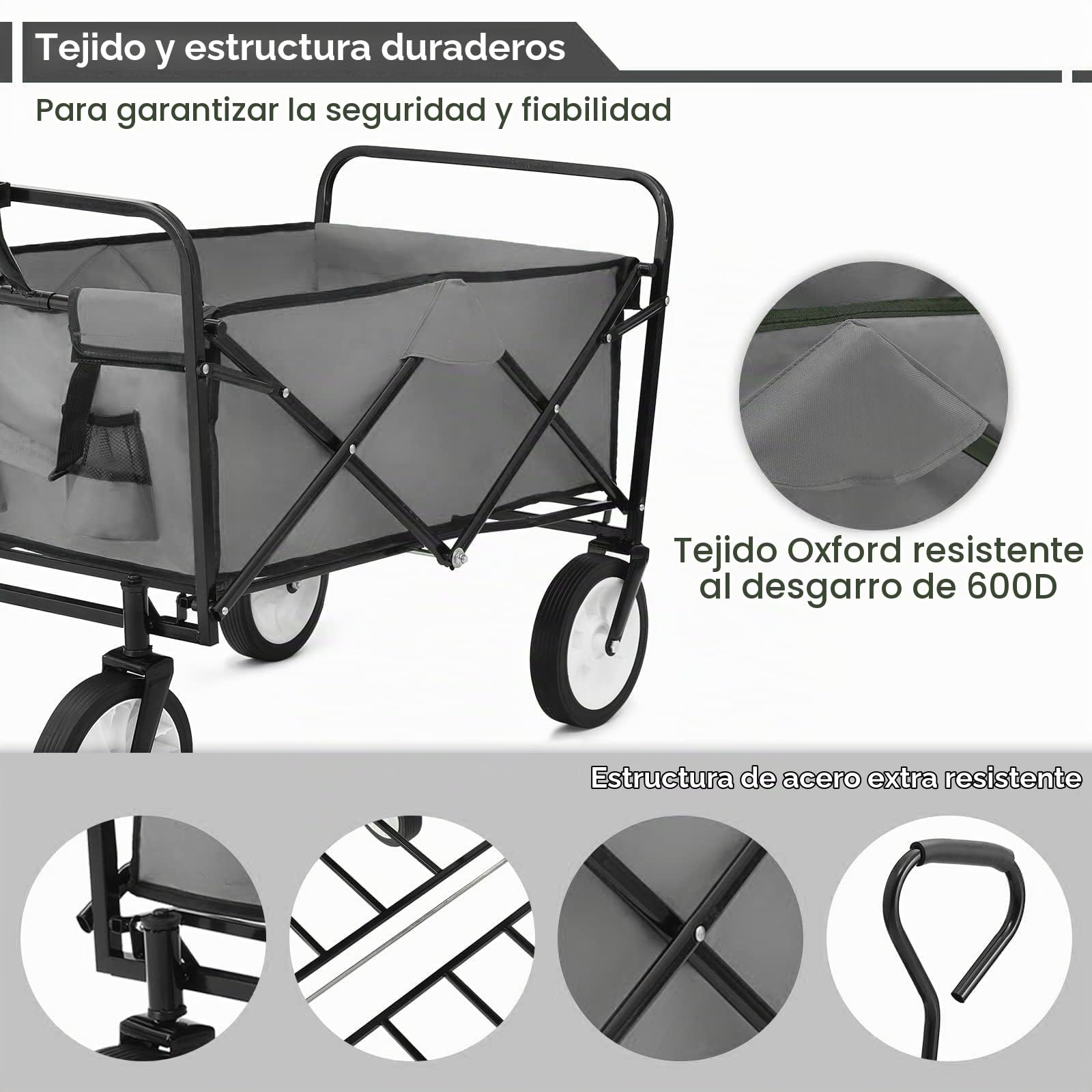 Carro Plegable para Jardín y Playa Todo Terreno | Carrito de Transporte de Gran Capacidad 98L (Carga Máxima 80 kg) | Vagoneta para Camping, Compra y Exterior con Bolsillos Laterales, Gris