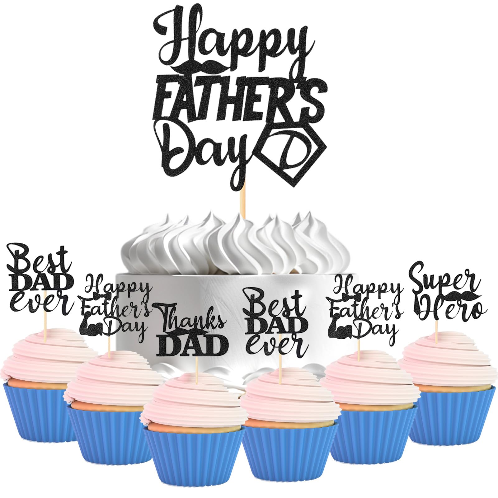 Happy Fathers Day Cupcake Topper – Best Dad Ever Glitter Cake Decorations for Father’s Day Party Supplies, Fathers Day Toppers for Cupcakes, Cakes,