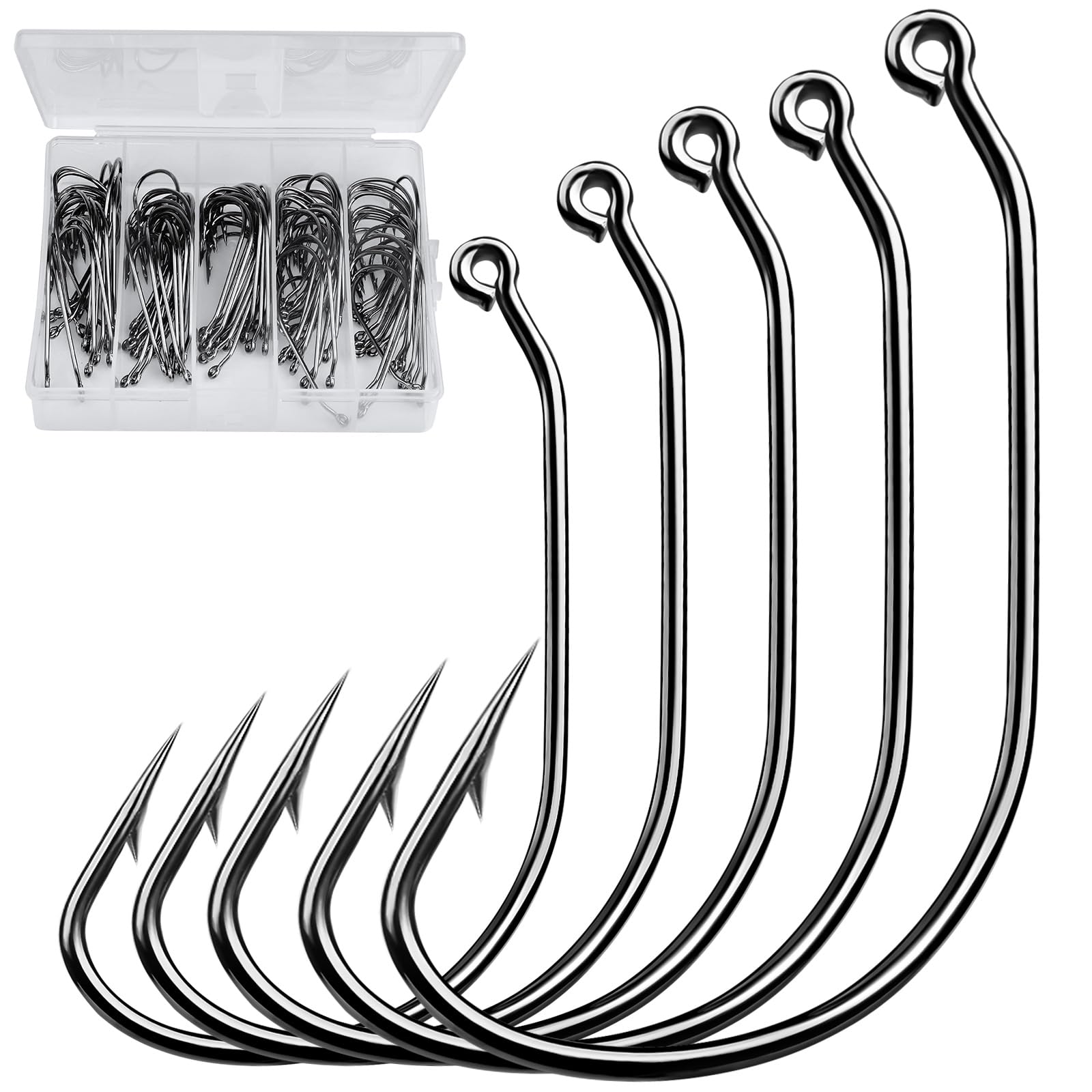 Swimbait Hooks for Bass Fishing - 50pcs Worm Hook Texas Rig Hooks for Freshwater Saltwater Size 1/0 2/0 3/0 4/0 5/0 Mix - Soft Plastics Lures Worms Bait Fishing Hook with Tackle Box