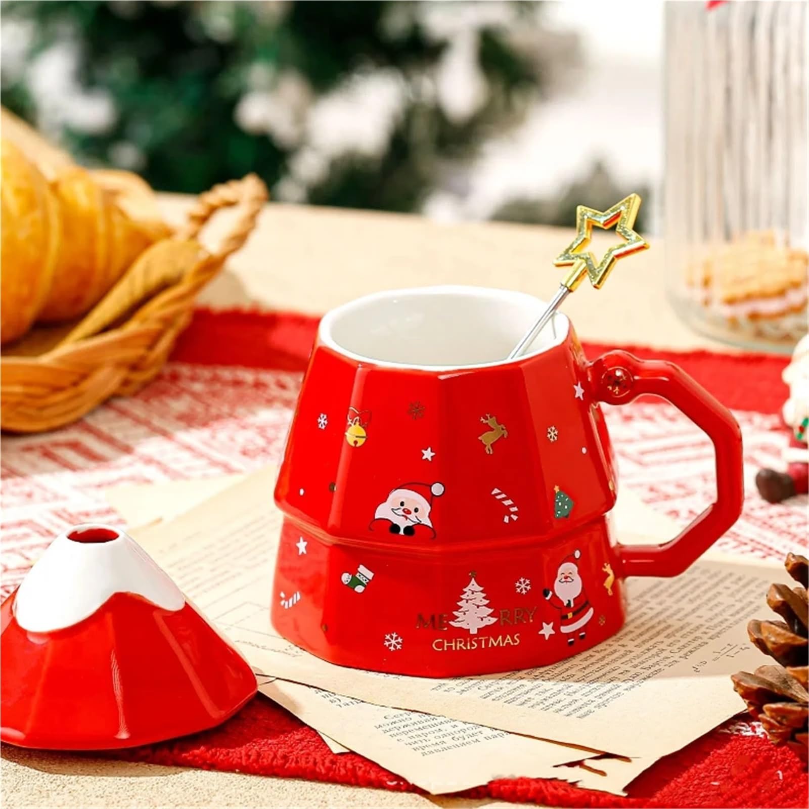 Taza de Navidad de 350ml, taza de café de alta capacidad con cuchara, decoración de ciervos, tapa for taza, desayuno de cerámica de dibujos animados, 2 uds. Para Boda