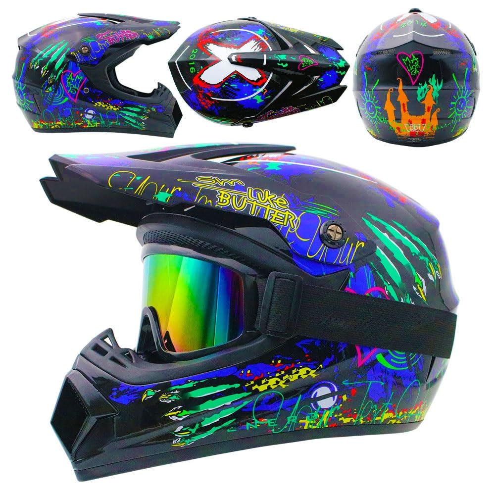 Casco Integrale da Moto Fuoristrada Per Bambini, con Occhiali, Maschera E Guanti, Per MTB, BMX, Downhill, Quad, Enduro E Cross, Omologato DOT
