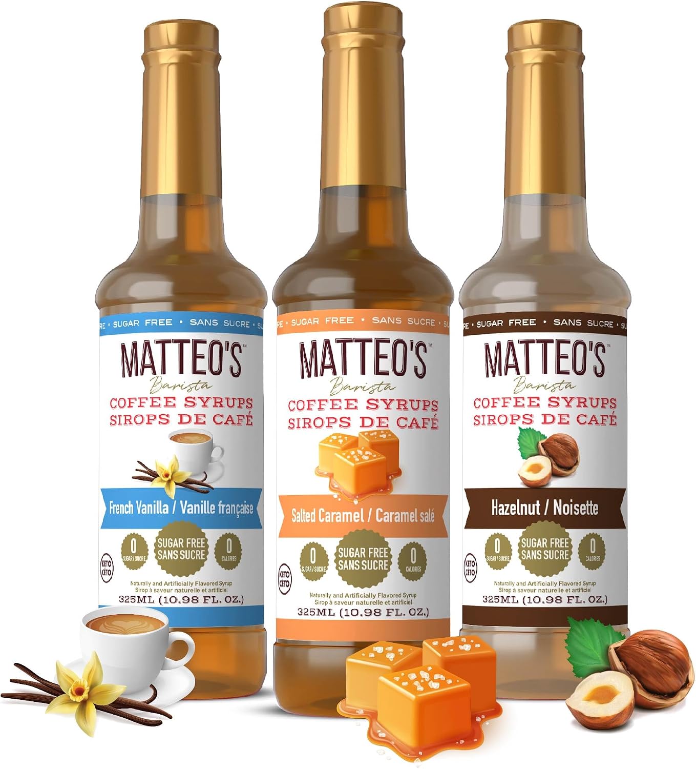 Matteo's Barista Classic Coffee Syrup Gift Set โ French Vanilla, Hazelnut & Salted Caramel โ Sugar-Free, Keto Friendly, Zero Calories, Premium Beverage Sweeteners - 3 x 325ml (10.98 FL.OZ)