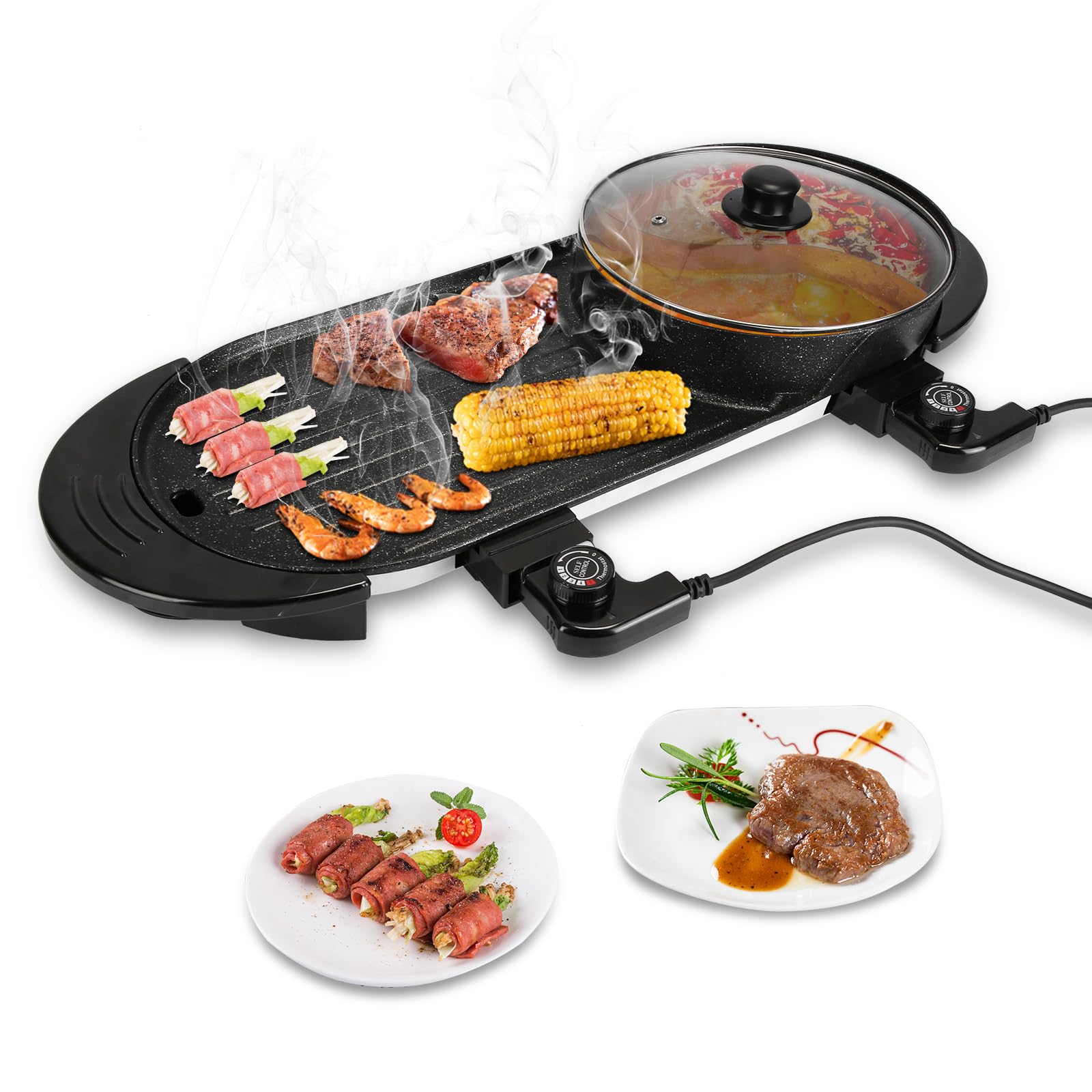2-in-1 Electric Hot Pot & Korean BBQ Grill, 2200W Smokeless Non-Stick Indoor Combo with Dual Temperature Control, Shabu Shabu Hot Pot w/Large Capacity Tray, 5 Firepower Settings for 2-12 People, 110V