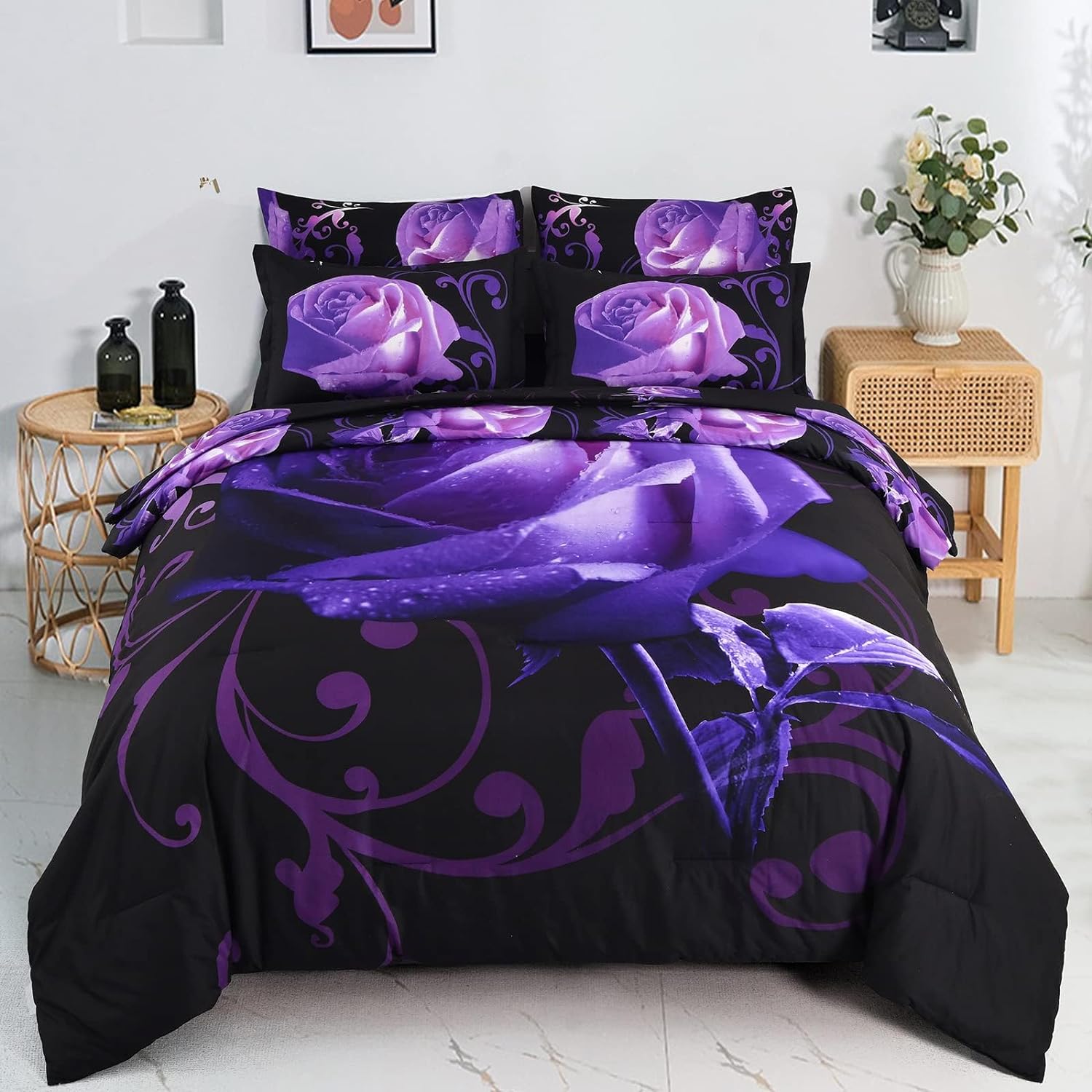 Xruibed Floral Comforter Set Queen 7 Piece Bed in a Bag Purple Rose Flower Comforter with Sheet Set Soft Micorfiber Bedding Set (1 Comforter,2 Pillow Shams,1 Flat Sheet,1 Fitted Sheet,2 Pillowcases)