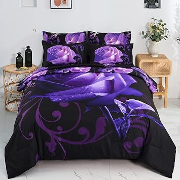 Xruibed Floral Comforter Set Queen 7 Piece Bed in a Bag Purple Rose Flower Comforter with Sheet Set Soft Micorfiber Bedding Set 1 Comforter,2 Pillow Shams,1 Flat Sheet,1 Fitted Sheet,2 Pillowcases