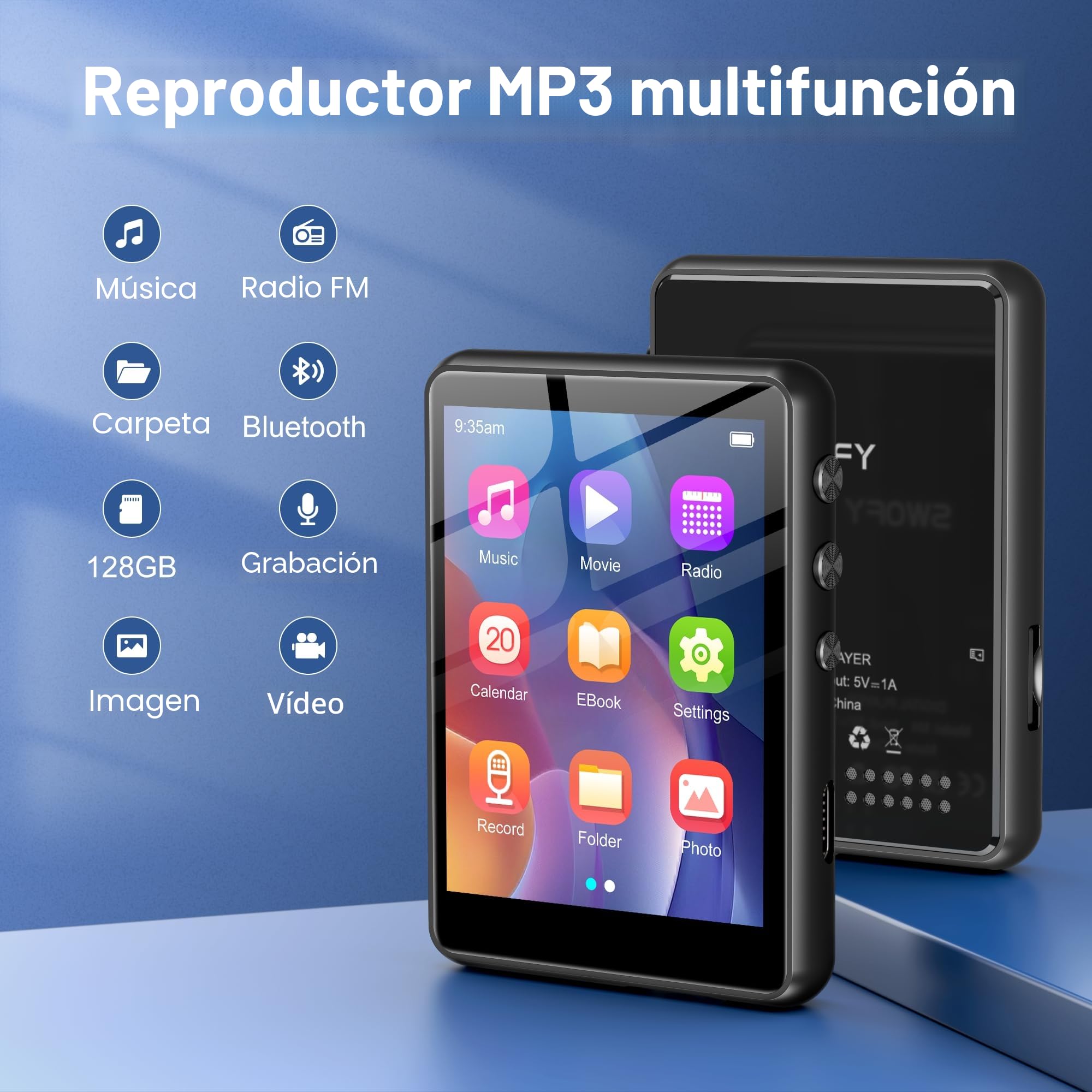 SWOFY Reproductor MP3 de 128GB con Bluetooth 5.3, Pantalla táctil de 2,4 Pulgadas, HiFi, Altavoz Integrado, función de grabación, Radio FM, Ampliable hasta 512GB (Rosa)