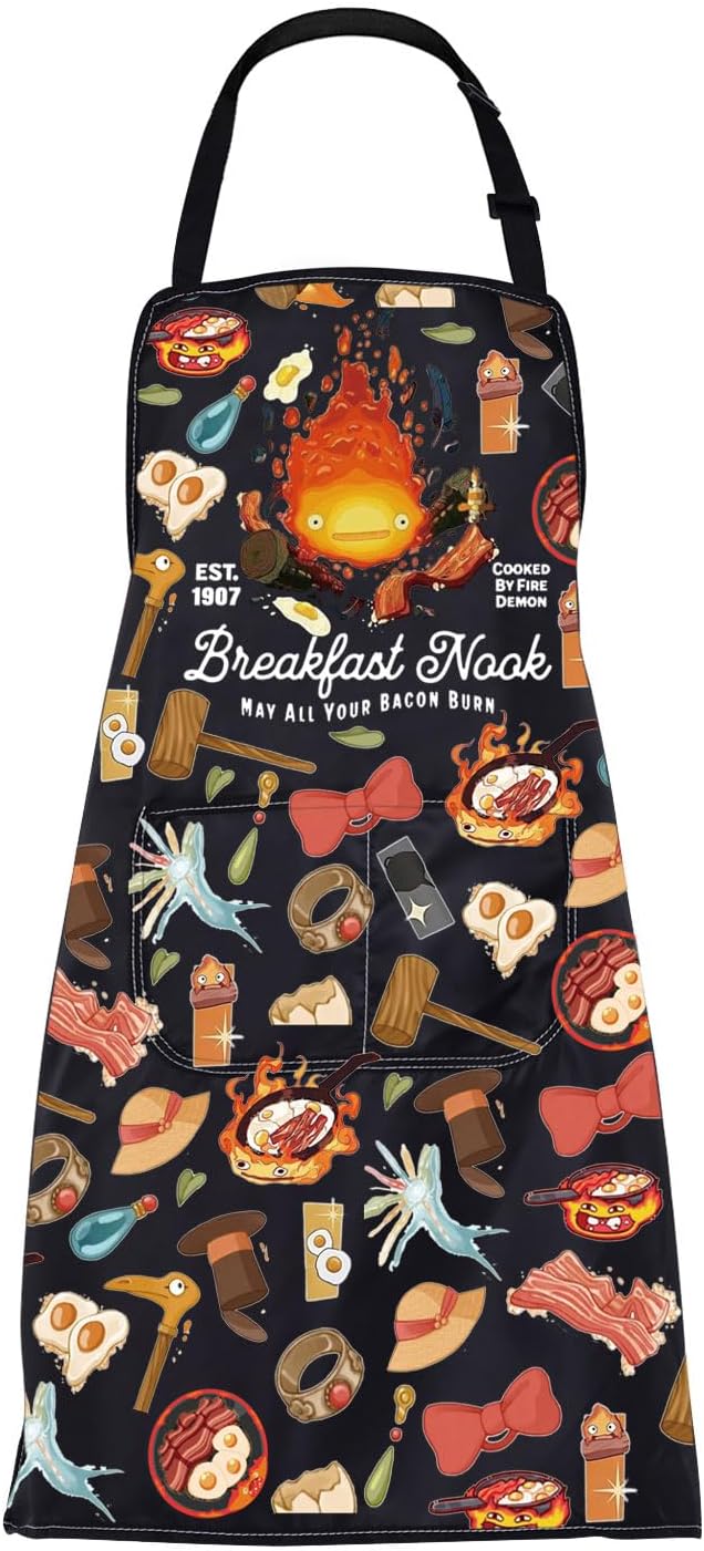 CMNIM Calcifer Apron Japanese Anime Gifts for Cartoon Lovers Fans Calcifer's Skillet Breakfast Aprons Fire Demon Flame Gift