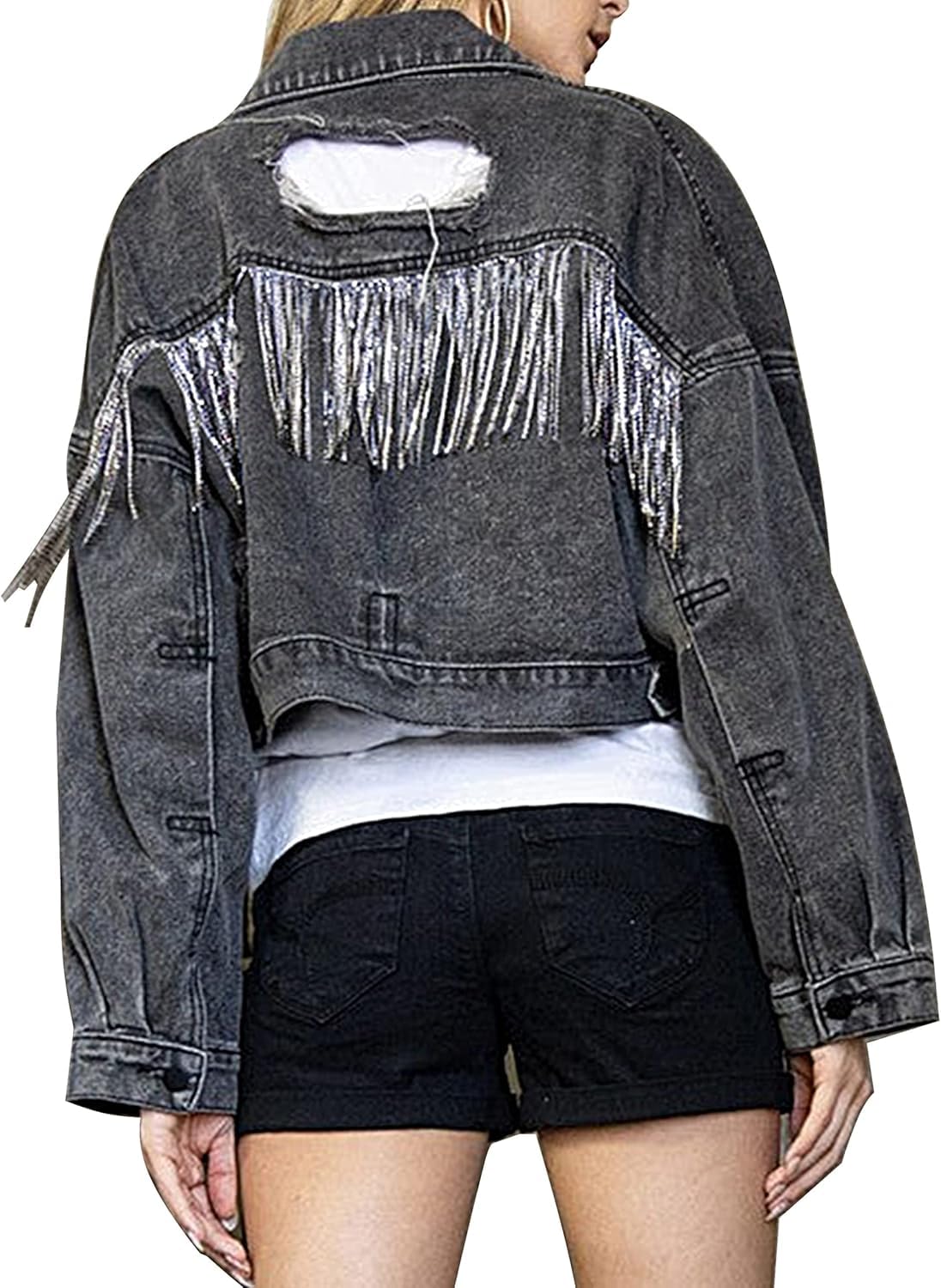 Donna Moda Frangia Strass Giacca Denim Elegante Sciolto Tendenza Casual Giacca Sexy Risvolto Foro Breve Giacca Denim