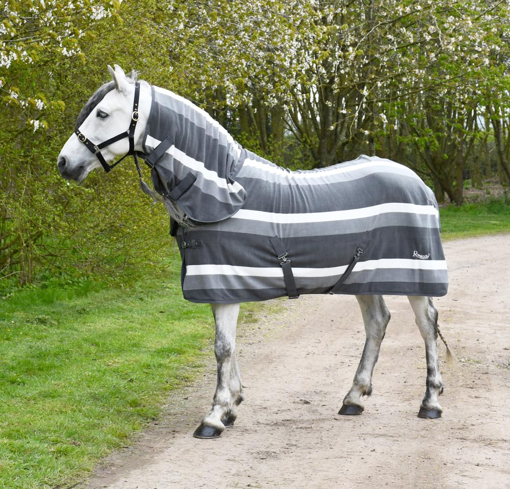Rhinegold FULL NECK FLEECE RUG, Lightweight Turnout Rugs for Horses - Grey Stripe 4'9"