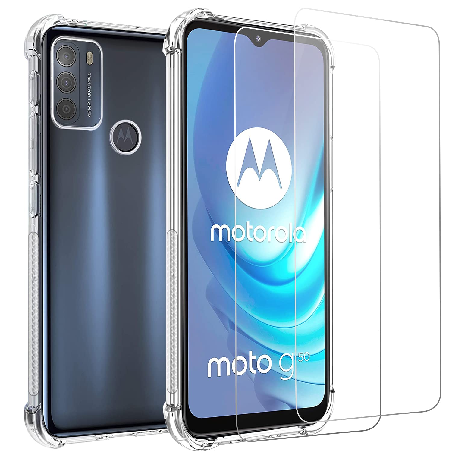 MZBESTCableFor Moto Motorola G50 Case and Screen Protector,Moto G50 6.5” Clear Phone Case+2 *Tempered Glass,Anti Scratch,Easy to install Film,Soft TPU Protective Cover,Shock-Absorbing Corners