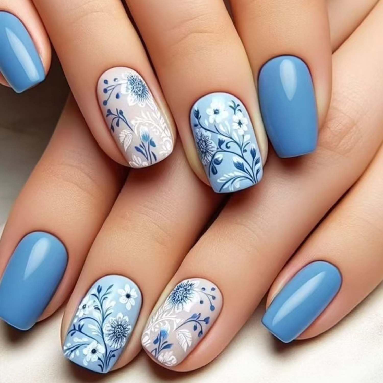 24pcs Short Press on Nail Blue Flower Square Artificial Fake Nails Blue White Mixed Color Leaf Floral Designs Acrylic Nails Glossy Solid Color False
