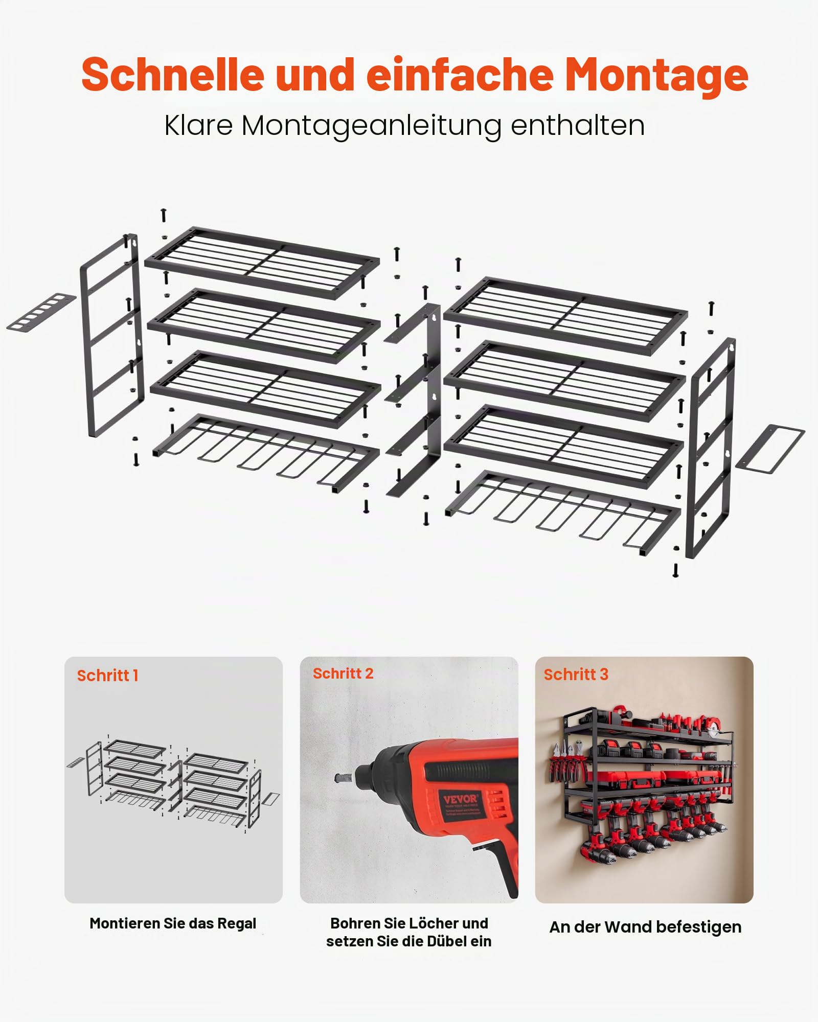 VEVOR Werkzeugspeicher Aufbewahrung Wandhalterung, 4-lagiges Lagerregal mit 8 Bohrerhaltern, Werkzeughalter mit Schraubendreherhalter, Garagen-Werkzeug-Organizer für Garage, Werkbank & Werkstatt