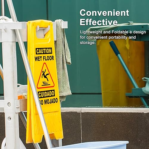 Miniatura 8 de XPCARE Letrero de suelo mojado de precaución de 24 pulgadas, paquete de 4 letreros de advertencia de seguridad bilingües amarillos de doble cara,