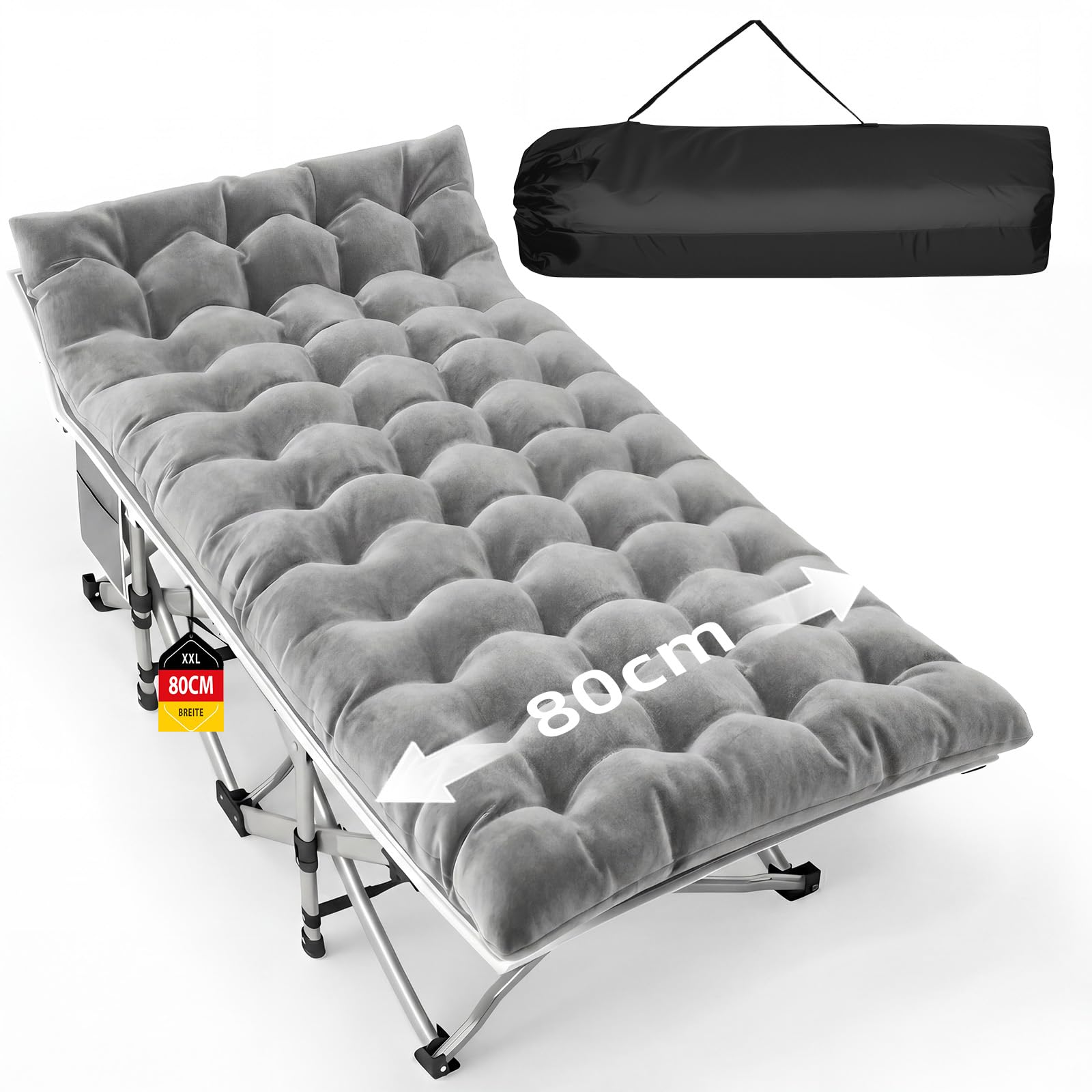 Lit de Camp XXL Pliable avec Matelas 80 cm de Largeur, lit d appoint Pliable avec Coussin et Poche latérale, Charge Jusqu'à 308 kg, lit Camping 2 Personnes pour l'extérieur, Les Voyages, la Maison