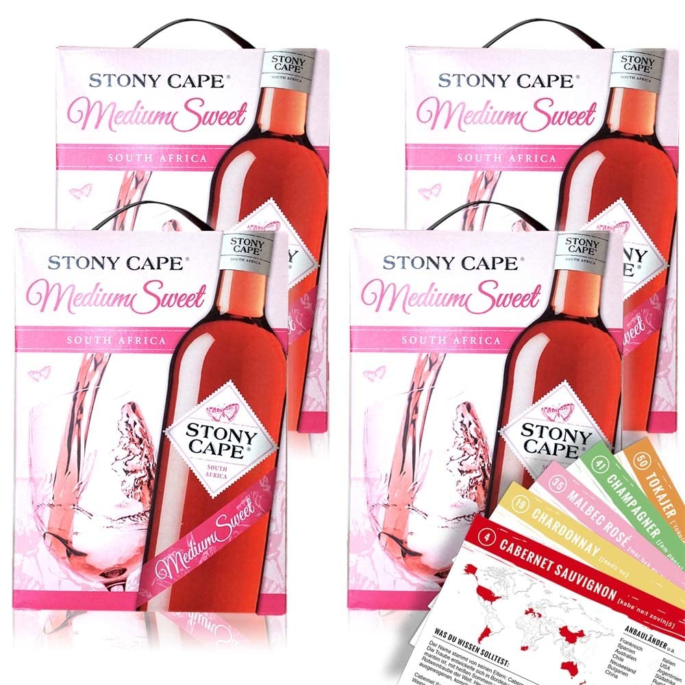 Stony Cape Medium Sweet Rosé, lieblich, Bag-in-Box, sortenreines Weinpaket + VINOX Winecards (4x3,0l)