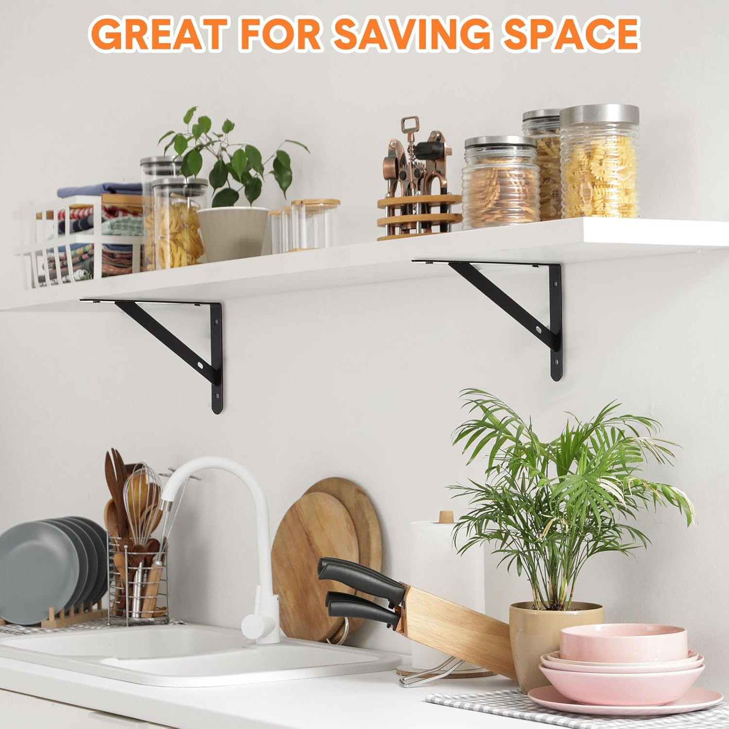 Nuogo 40 Pack Heavy Duty Shelf Brackets Bulk Metal Floating Shelving Support Wall Mounted 90 Degree Triangle Corner L Brackets for Garage with Hardware, Black (6 Inch)