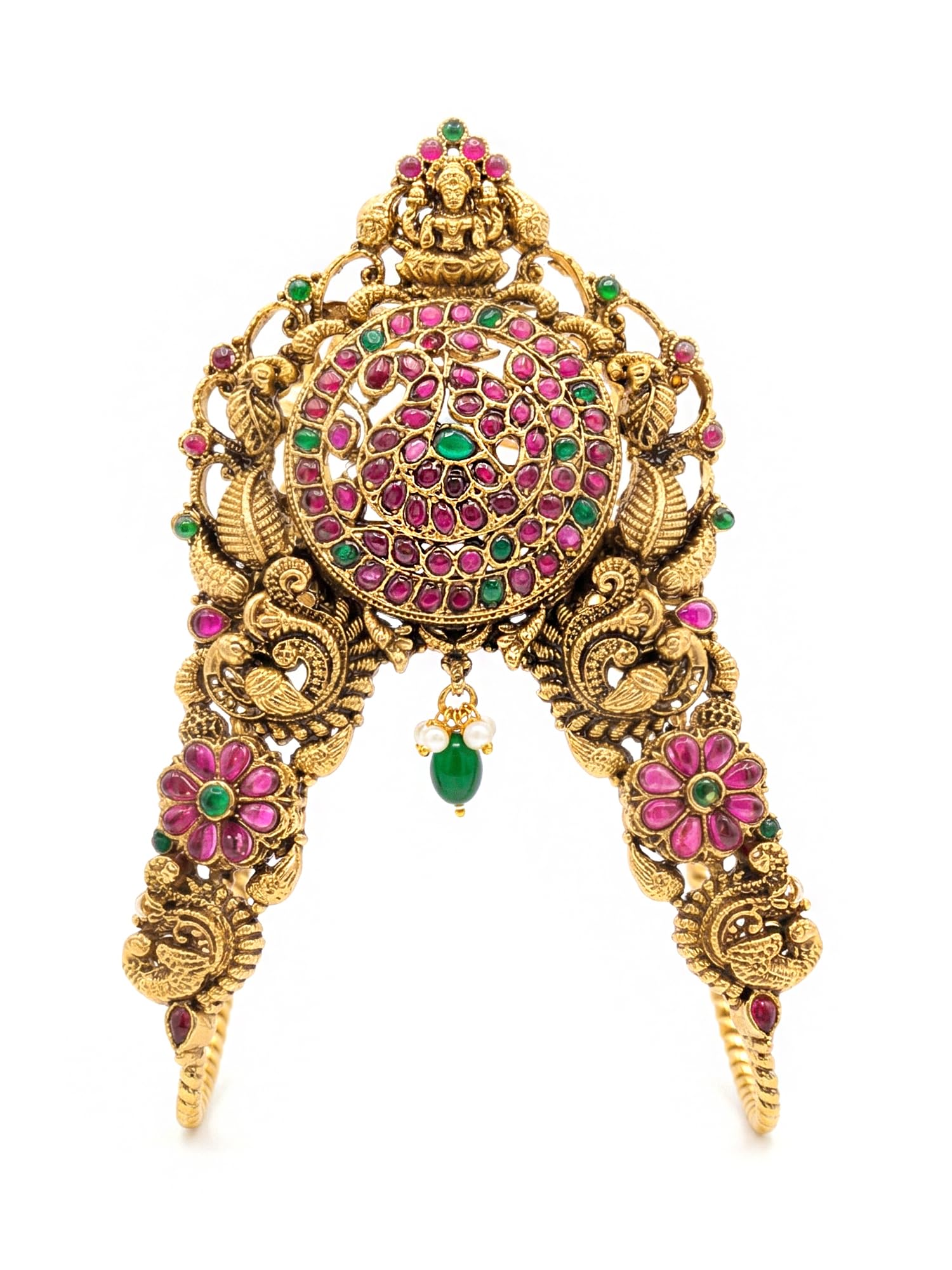 Gold-Plated South Indian Temple Style Pink and Green Stone Hand Veni for Women-image-17