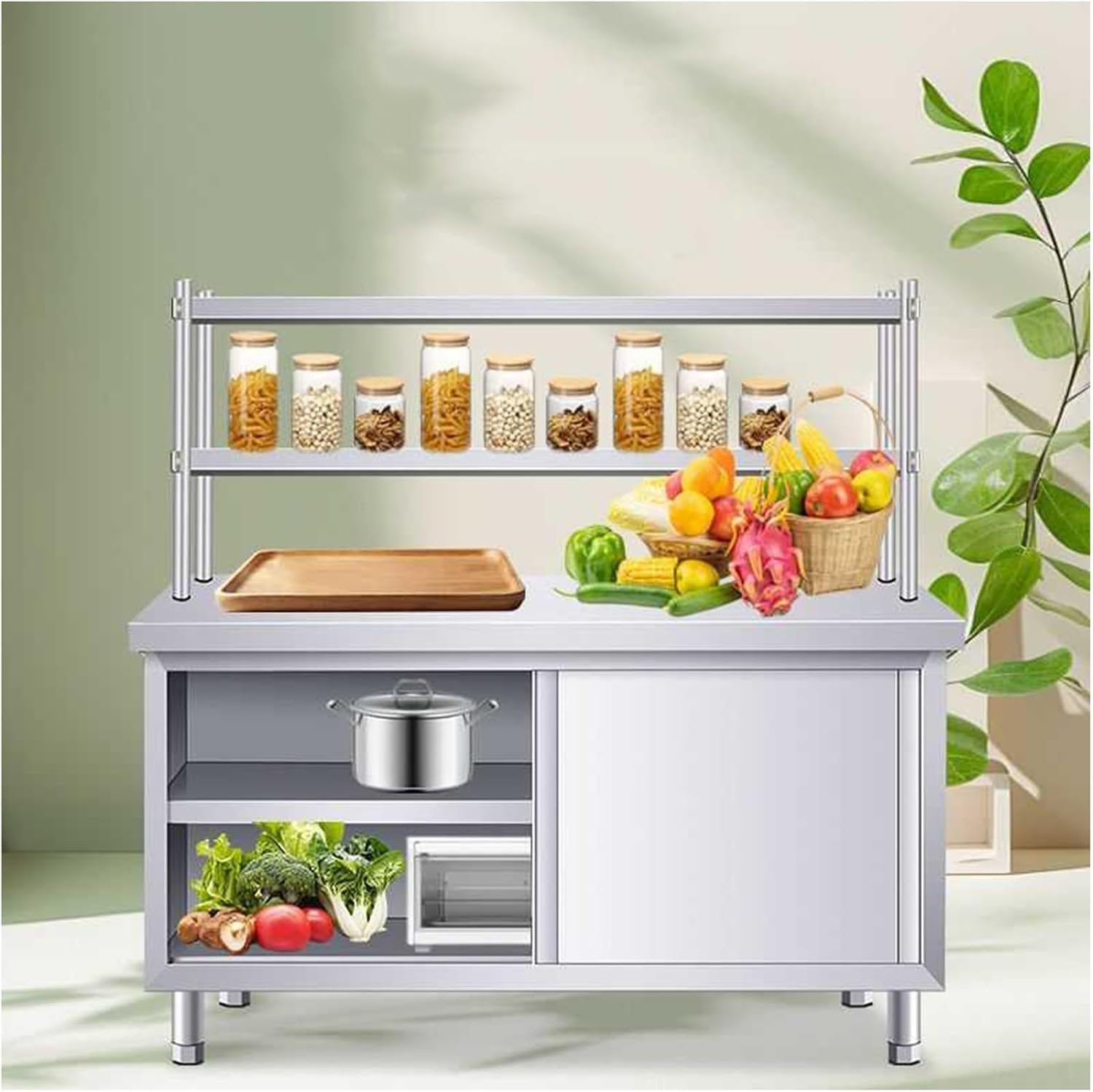 Removable Thickened Stainless Steel Table Kitchen Preparation Tables with Sliding Doors Extended Tabletop Space Bracket Load Ability 500kg Adjustable Table Legs