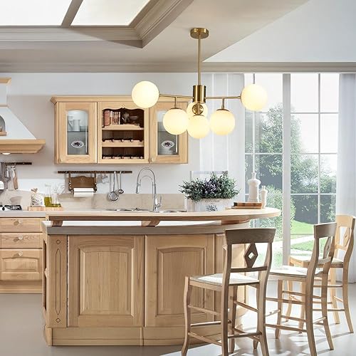 Miniatura 6 de BOKT Lámpara Sputnik de 6 luces moderna de globo grande de mediados de siglo, lámpara colgante dorada con vidrio blanco leche para cocina, lámparas