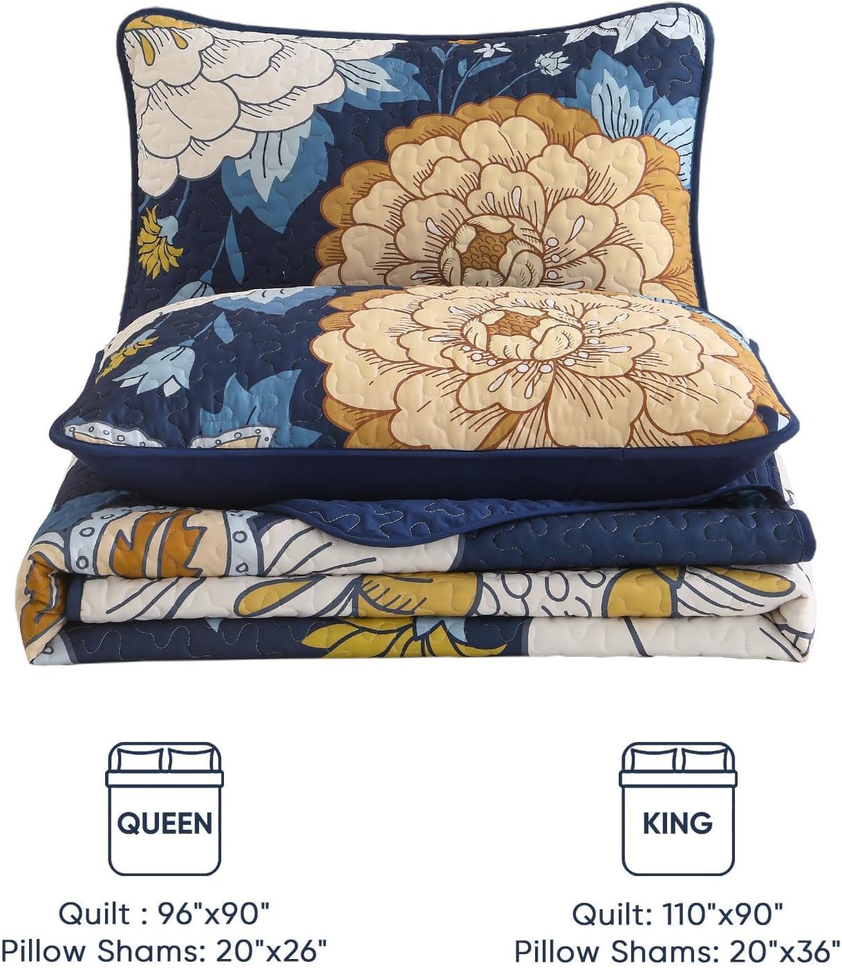 DJY Navy Floral Quilt Set King Size Boho Bedspread Coverlet Set, 3 Piece Botanical Quilt Soft Microfiber Blue Floral Bohemian Bedding Set with 2 Pillowcases for All Season, 110''x90'' - Image 9